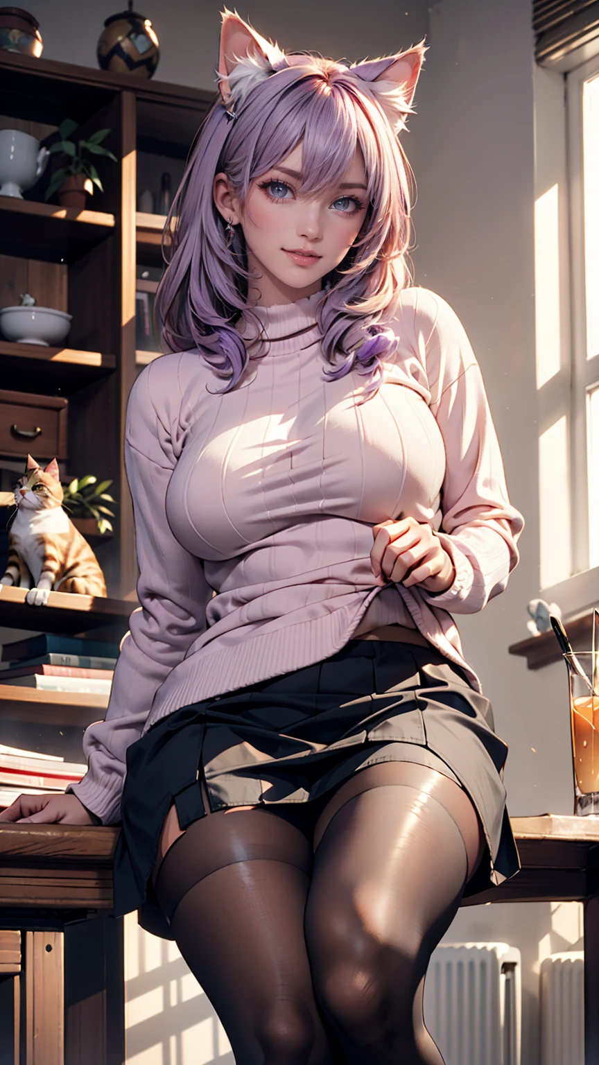 Anime Kawaii y Perfect Slim sensual body large bred huge thighs, An intricate and highly detailed illustration of anime (Young girl). (breathtaking mature bentellectual and elegant,luminous pink sweater,chestnut hair,(best qualityer,work of art:1.2),full - length photo,perfect figure,wearing glasses,Very clean,exquisite facial features,ultra detali,bokeh)