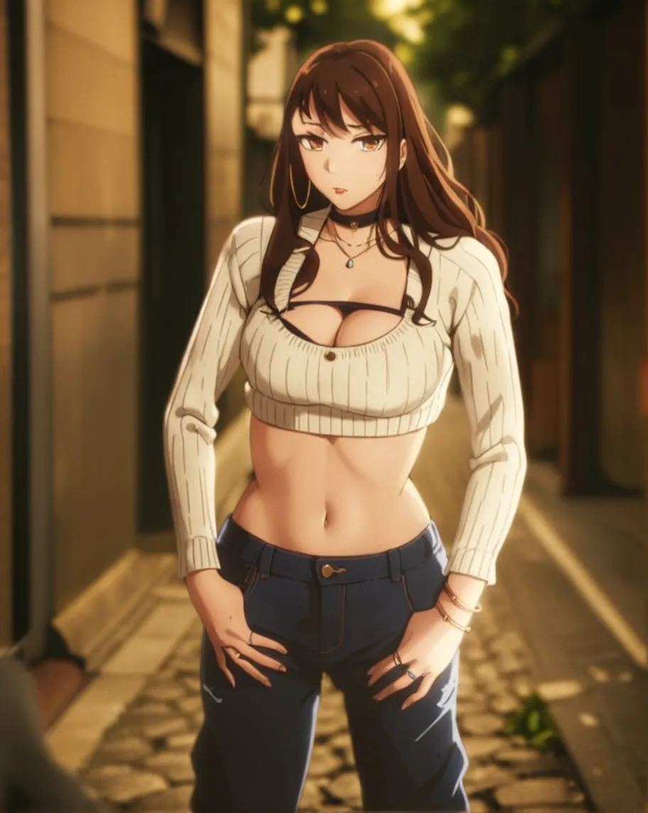 1girl, solo, gotou airi, one mole under eye,
standing, large breasts, mature female,
brown eyes, brown hair, long hair, necklace, earrings, ear piercing, long hair, blush, lipstick,Hot girl, baddie, staring, glaring, bad attitude, mean girl, crazy, smoking, sensual, attractive , masterpiece,high quality,4k, bare shoulder,belly,crop top,holding pistol,cleavage,casual dress, bar
background, inside bar, indoor,smile, open mouth, (nsfw) not safe for work, evil expression, exposed
belly, exposed navel, exposed midriff, exposed lower belly, crop top overhang, underboob,jacket,
unbuttoned jeans , low rise black jeans, Low rise jeans, Low rise jeans with open fly