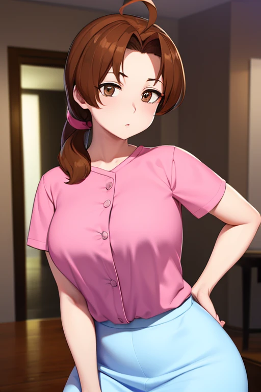 (masterpiece, best quality), 1girl,    deliaketchum, brown hair, (brown eyes:1.7), parted bangs, (ahoge:1.5), ponytail, low ponytail,crop top, mini shirt, pink mini shirt, short sleeves, mini skirt, blue mini skirt, mini skirt,enormous massive gigantic big large fat absurde breasts jupes remonté 