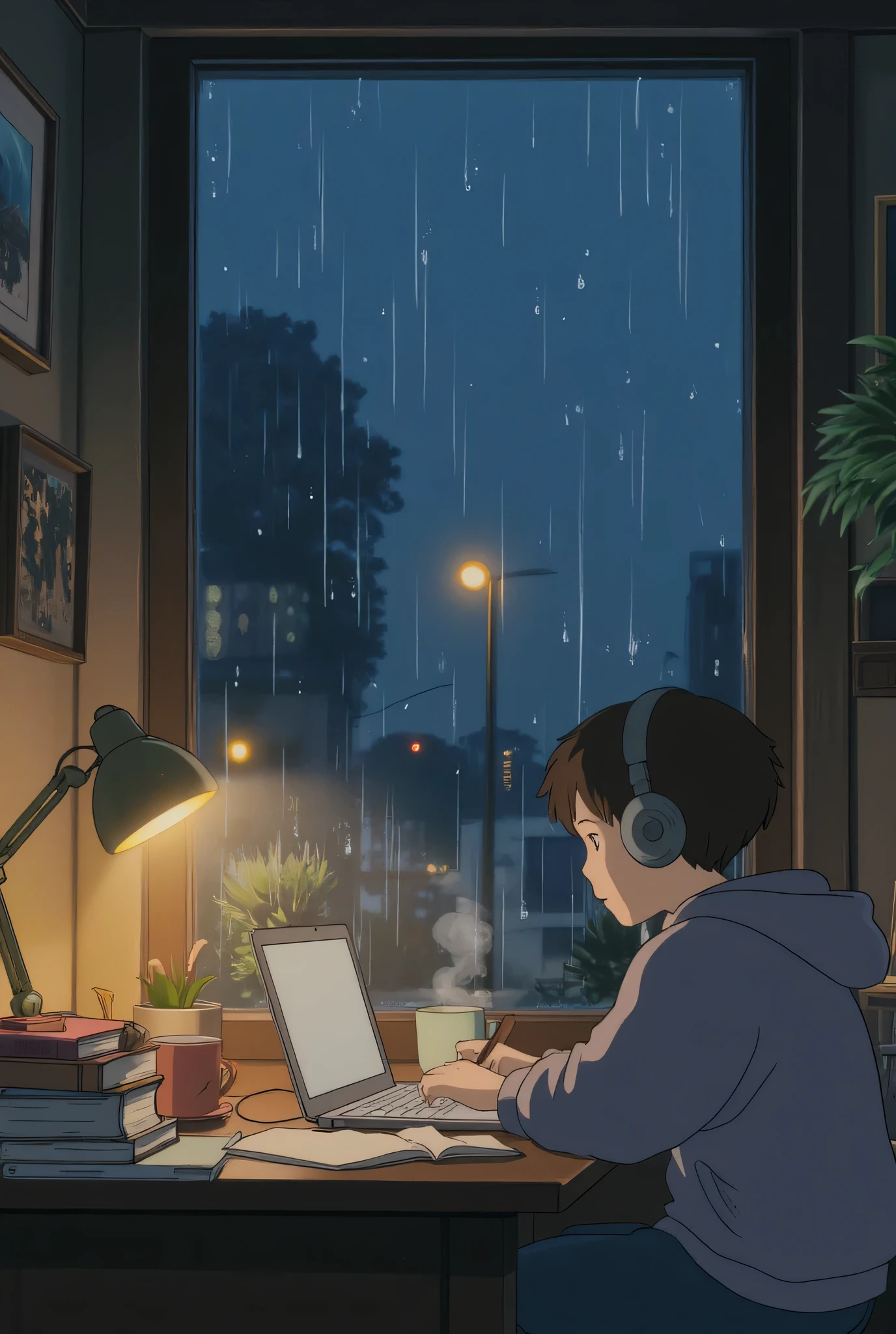 A cozy indoor scene featuring a young boy studying at her desk. She is wearing a comfortable hoodie, with headphones on, deeply focused on her notes and a glowing laptop. The desk is lit by the warm light of a small desk lamp, and there are scattered books and a cup of steaming tea beside her. Outside the window, the view reveals a rainy evening with droplets gently sliding down the glass, and faint reflections of city lights or trees blurred by the rain. The atmosphere is calm, nostalgic, and perfect for concentration, capturing the essence of a peaceful, rainy lofi mood