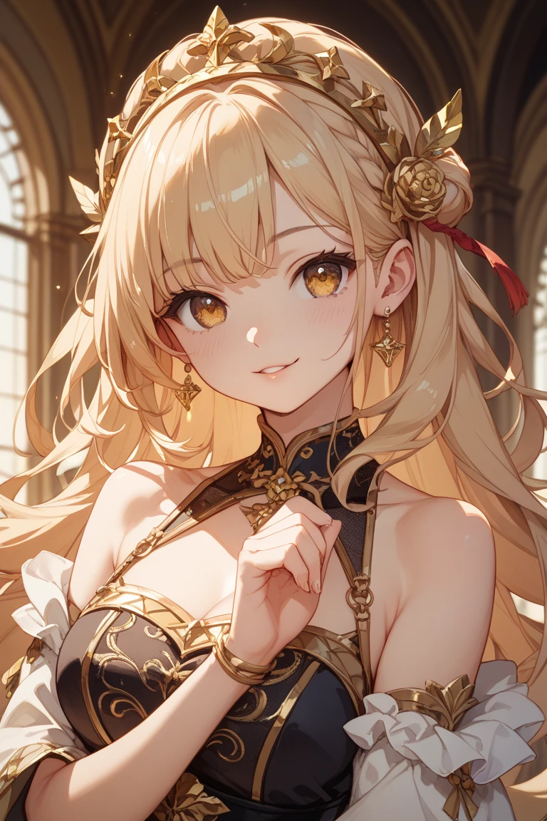 Extremely detailed, solo, Perfect Face, Beautiful face, Highly detailed face，(Mastepiece), (Best Quality)、Woman in gold dress, Wearing a gossamer gold dress, medieval dress yellow ochre, Golden Dress, Rococo dress, Royal Gown, The most beautiful woman in the world、Best Style、Perfect Style、Big Breasts、Upper Body
