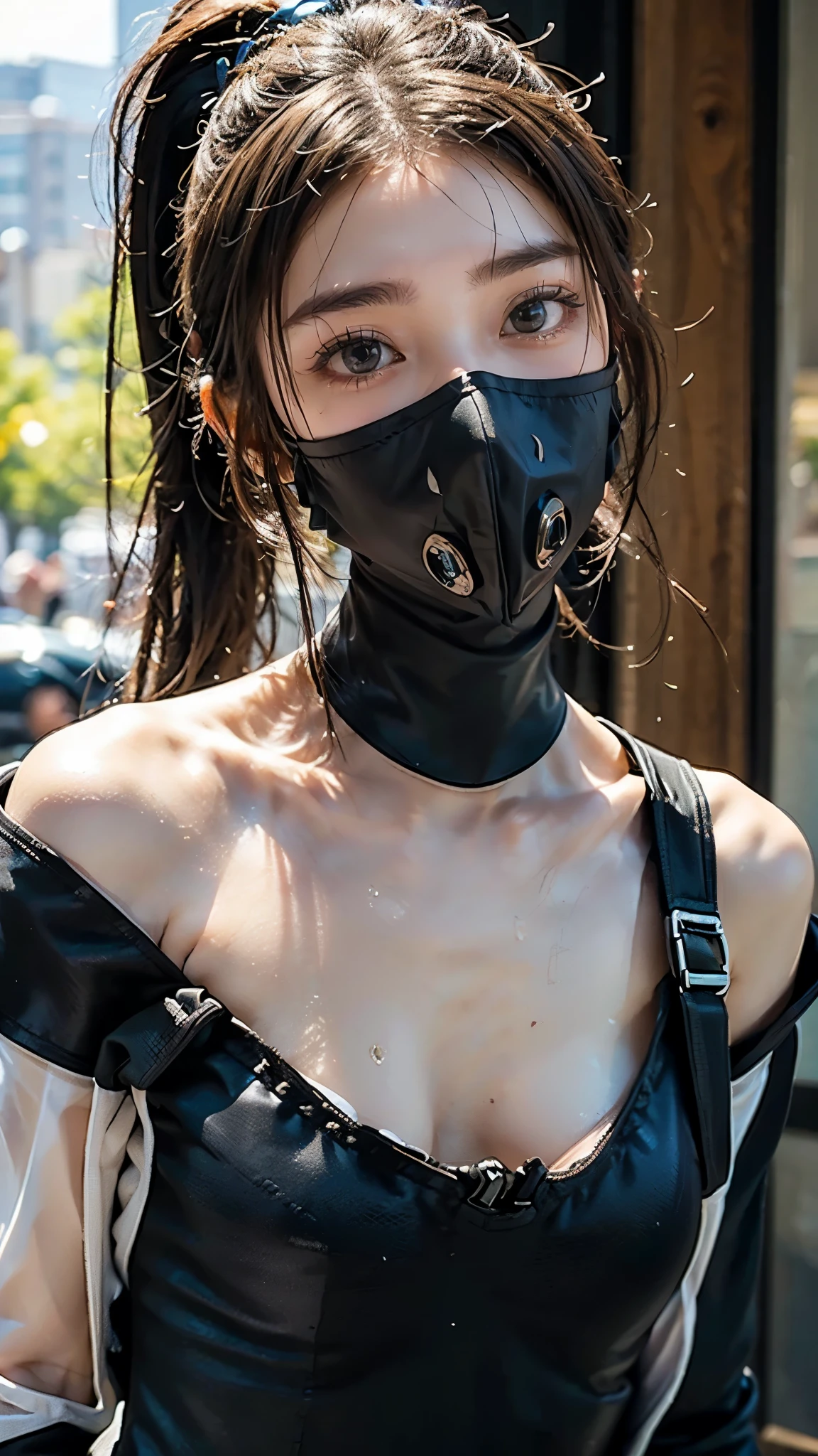realism, highest resolution,sfw, (Most Absurd Quality ), (Highest Quality Realistic Skin), ((perfect proportions for trees)), ((small head,Put on an income), anatomically accurate:1.4), ((firm and rich breasts :1.3)),(Most Absurd Quality perfect eye), ((Face close-up focus,Beautiful Shiny Sharp Face:1.2), very detailed:1.2), (Light skin), (( Clear and unblurry 、Sharp Perfect Round Realistic Dark_eye:1.35), very detailed:1.4), Finely Detailed Papyrus, detailed lips:1.3, ( quality improvements:1.4), 1. Lady, supermodel, , perfect anatomy:1.37, smooth lighting, Japanese women, Cyberpunk Woman, action, gravure, (Easy mask to cover your mouth:1.21), black clothes, (Sleeveless Gloss Black Two-tone Off-the-Shoulder Sexy Wetsuit:1.37), (High leg suit 1:1), no background:1.1, (Dark eye), Symmetrical eye, thin lashes, Shaping your eyebrows, natural makeup, (flat chested:1.37), ( Slender Lower Body ), shiny brown hair, hang your bangs long, (ponytail hair:1.21), movie light,