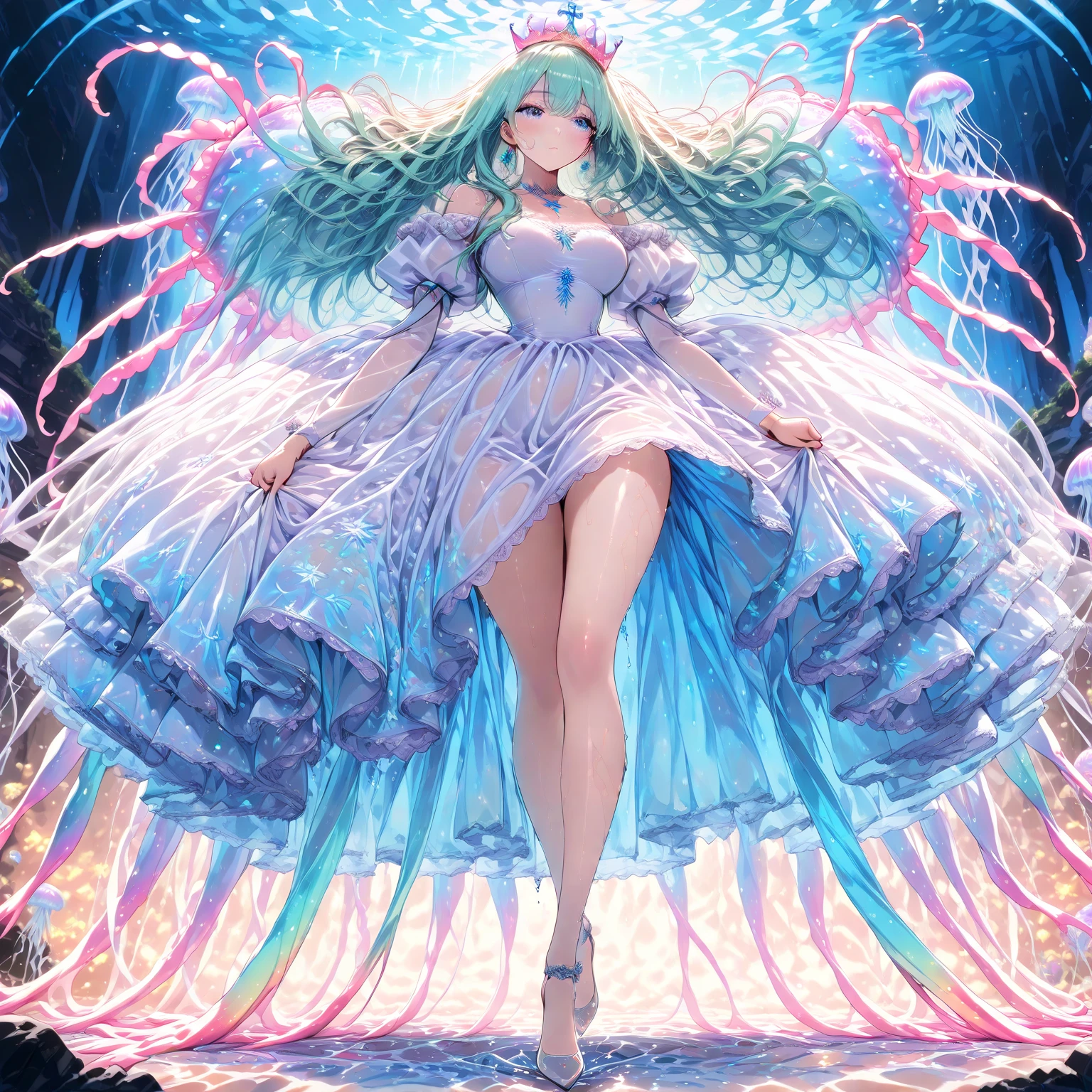 "A stunning princess (Large breasts), adorned in (Pink princess dress) and a beautiful (head gear). Her hair is vibrant in shades (Pink), Offset by her (Green eyes). captivating and mesmerizing, She exudes an aura of palatial beauty，It will definitely leave a lasting impression, Palace"