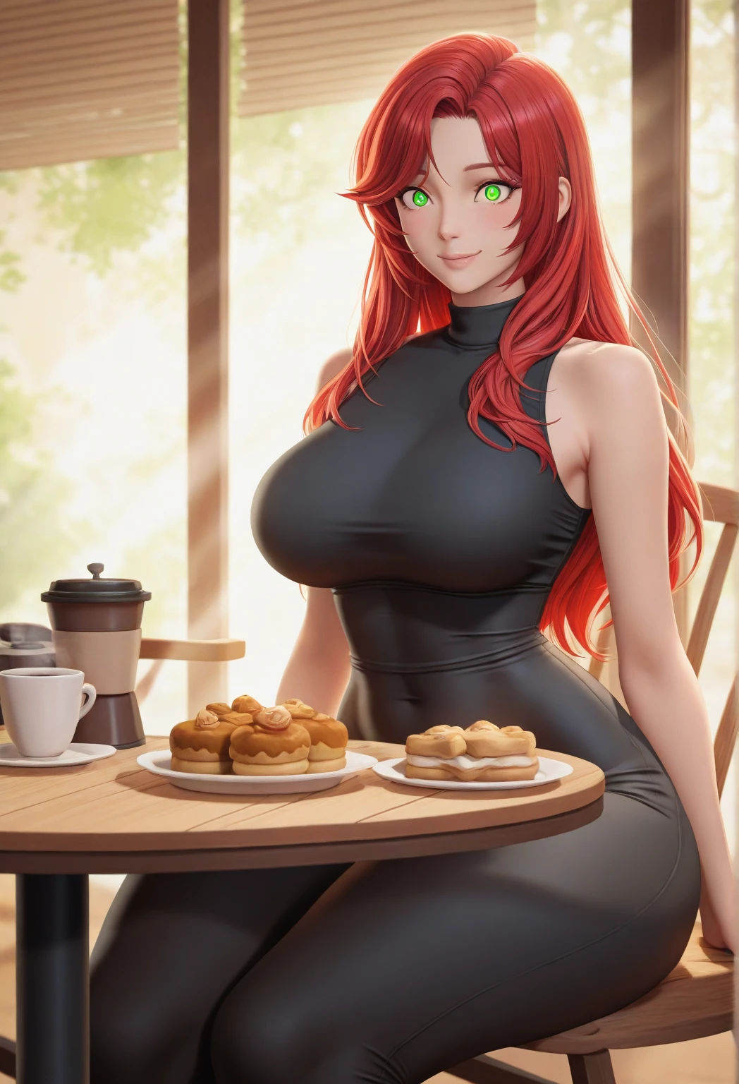 Masterpice, Ultra realistic, 4k resolution, Ultra Detailed CG illustration of a very beautiful and sexy waitress serving in a fancy restaurant. Ultra blue eyes, skinny body, perfect big breasts, very beautiful face, straight red hair is very soft and too long, She is kind and her demeanor is professional. The background features a beautifully lit restaurant interior with soft, warm tones and some unobtrusive decorative elements. Gesa combines elements of class and sophistication while maintaining a welcoming and inviting atmosphere.