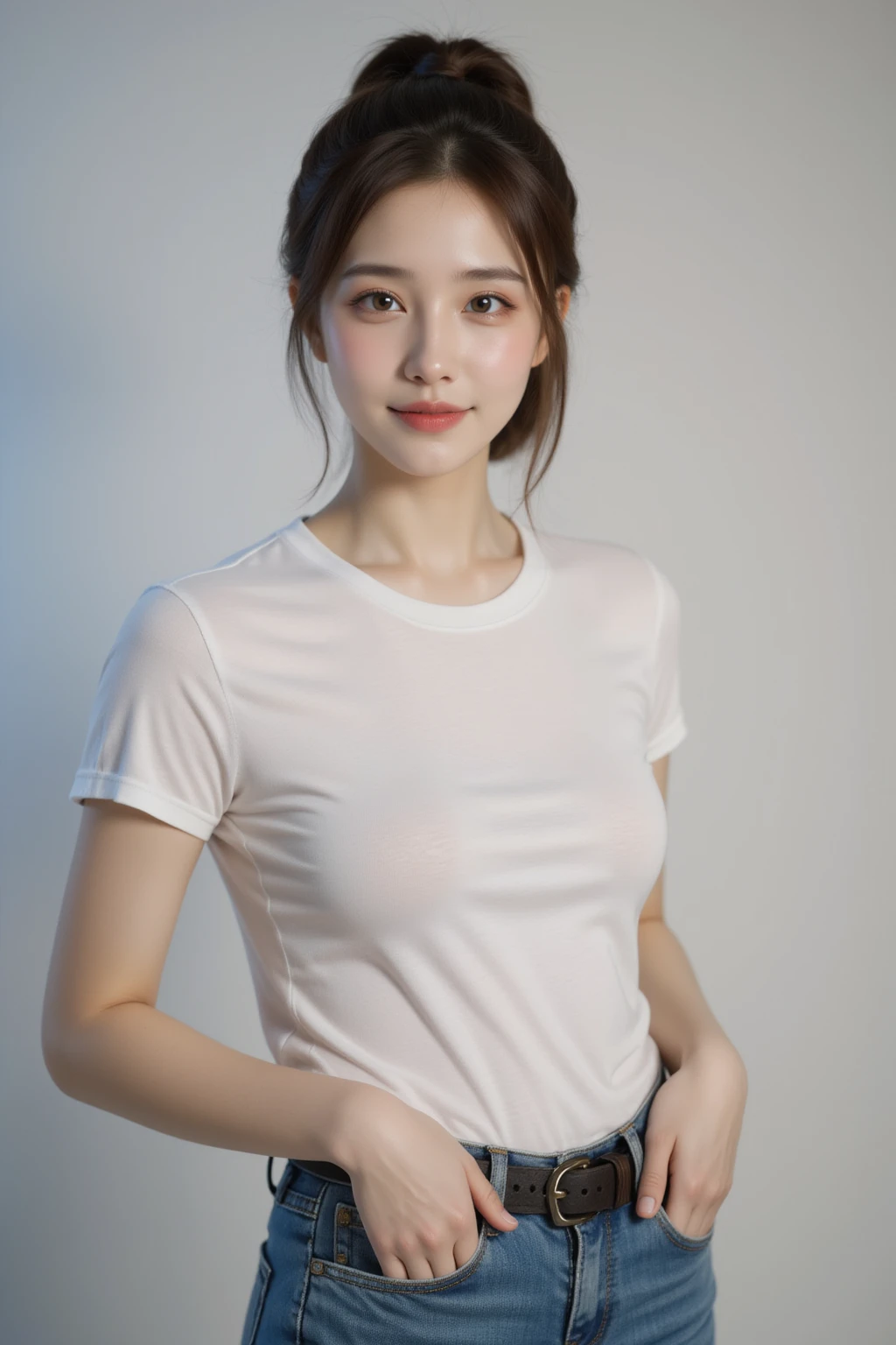 dressed, (photorealistic: 1.4), (hyperrealistic: 1.4), (realistic: 1.3), (smooth lighting: 1.05), (cinematic lighting quality improvement: 0.9), 32K, 1 girl, 20 year old girl, realistic lighting, backlit, face lights, ray tracing, (whitening light: 1.2), (image quality improvement: 1.4), ( Best Image Quality Real Skin: 1.4), Fine Eyes, Fine Face, Fine Eyes, (Joy, Blush), (Tired, Sleepy and Satisfied: 0.0), Face Up, T-Shirt, (Body Line Mood Increase: 1.1), Mature Woman, Forty (Skin Texture Beauty Increase: 1.1)