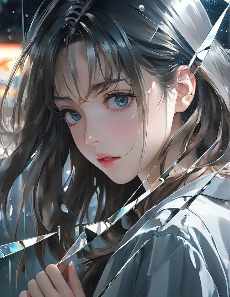 Best quality at best,tmasterpiece,cinematic ligh,Volumetriclighting,Sideslit,1girl,darkly,grieves,rained,disuse,extremy detailed,详细的脸, Detailed eyes