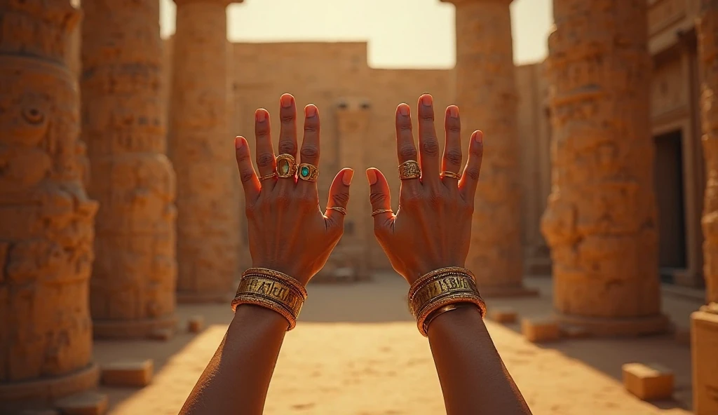 cleopatra lies by pyramid,  shrunken people, turned into a giant, taller than pyramids 