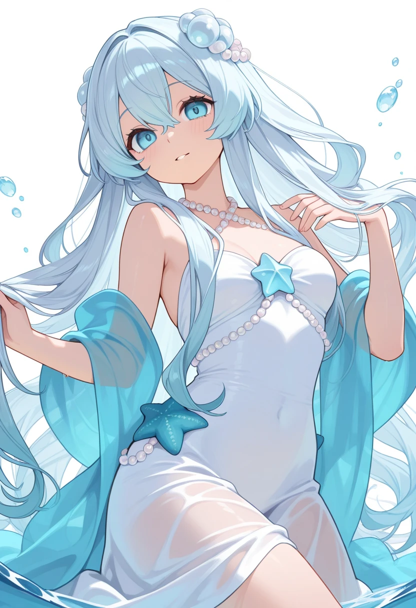 (masterpiece, best quality:0.7),1girl,(fuzichoco:1.13),lize helesta,solo,(straight hair:1.13),looking at viewer,hair ornament,cowboy shot,white and blue background,white thighhighs,competition school swimsuit,wet,shiny swimsuit,elbow gloves,<lora:outline_xl_end:-1.5>