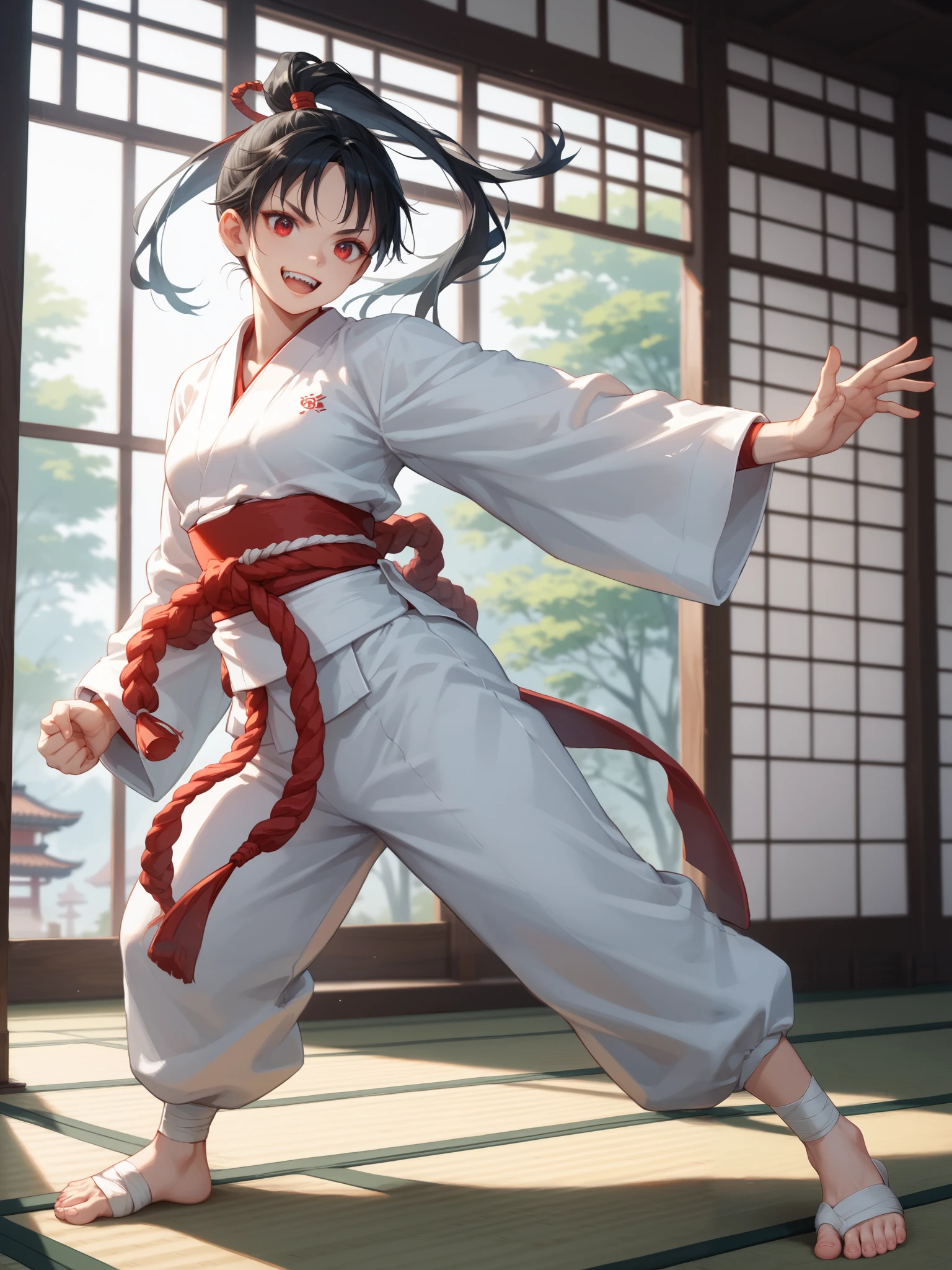 Here is a full-body description:
A slightly youthful female martial artist with long, black hair tied back stands tall. Her eyes are red, she is muscular, and her mouth is open, revealing pointed teeth (double teeth). She wears a white martial arts uniform with a black inner layer and a red waist band. The background is the interior of a Japanese martial arts training hall.