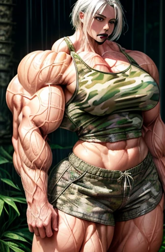 ((((Massive, tall, beautiful, buff, pale white skinned muscular woman with violet purple hair, ginormous bulky muscles and wearing a camouflage sports bra and camouflage baggy pants)))), (((wearing black lipstick))), black eyeliner, massive muscle, massive biceps, hyper muscle triceps, (((long straight hair with long bangs))), black eyes, ((leather belt)), black high heels boots, in a dark alley, night time, showing a sexy smile, (((hyper muscles arms))), hyper muscle legs, (((massive buff arms)))