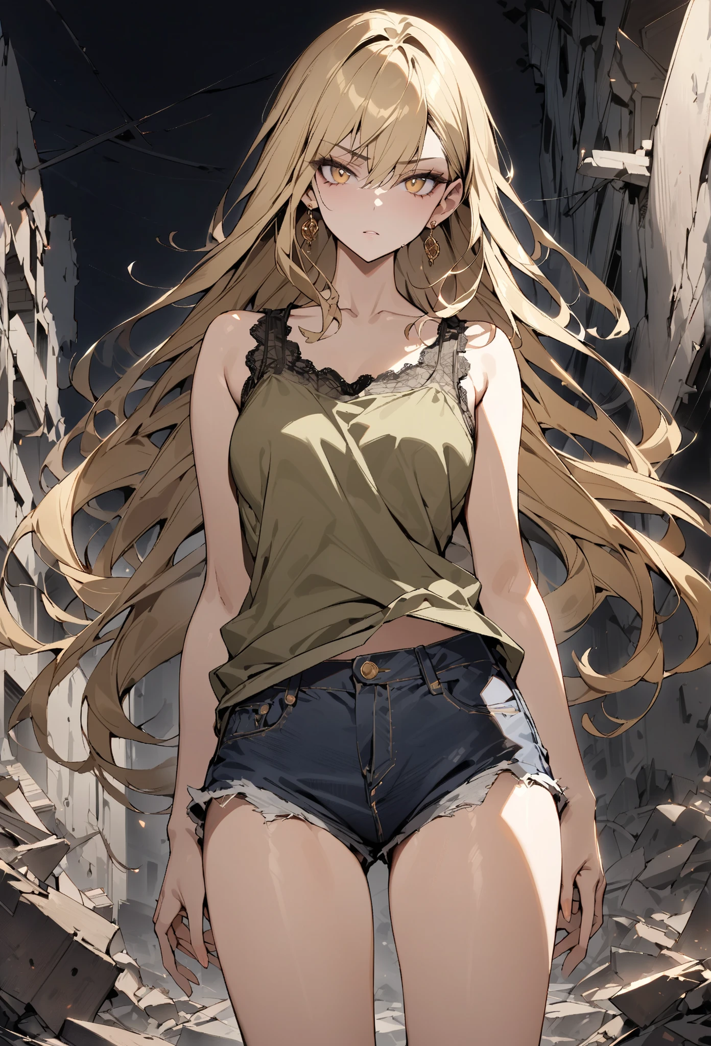 ((greatest masterpiece,Super high quality:1.2)),(super resolution),(solo),cowboy shot(front),night,a slender, slender high school student standing in ruins with thin legs,beautiful face,(long blonde hair),perfect golden eyes,staring at you,serious expression,high quality khaki military tank top,high quality denim shorts,lace-up sandal heels,gold earrings