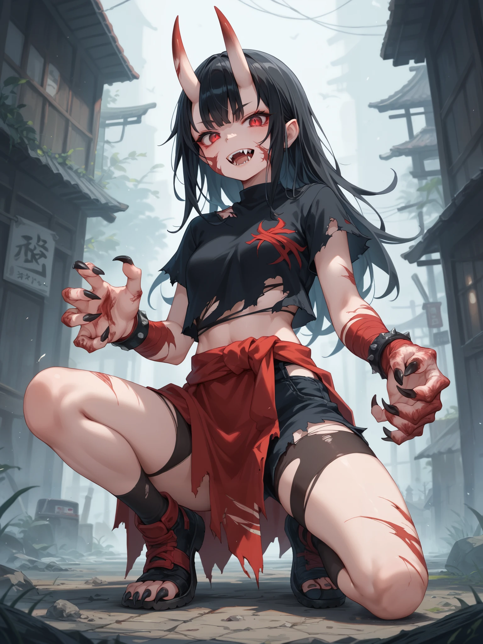 Draw a full body.A terrifying female oni with a pale face hidden by wild, black hair, featuring sharply slanted, bloodshot red eyes and a large, ripped mouth revealing sharp fangs. Long, black claws writhe, and she wears tattered clothes, emitting a foul, putrid odor.