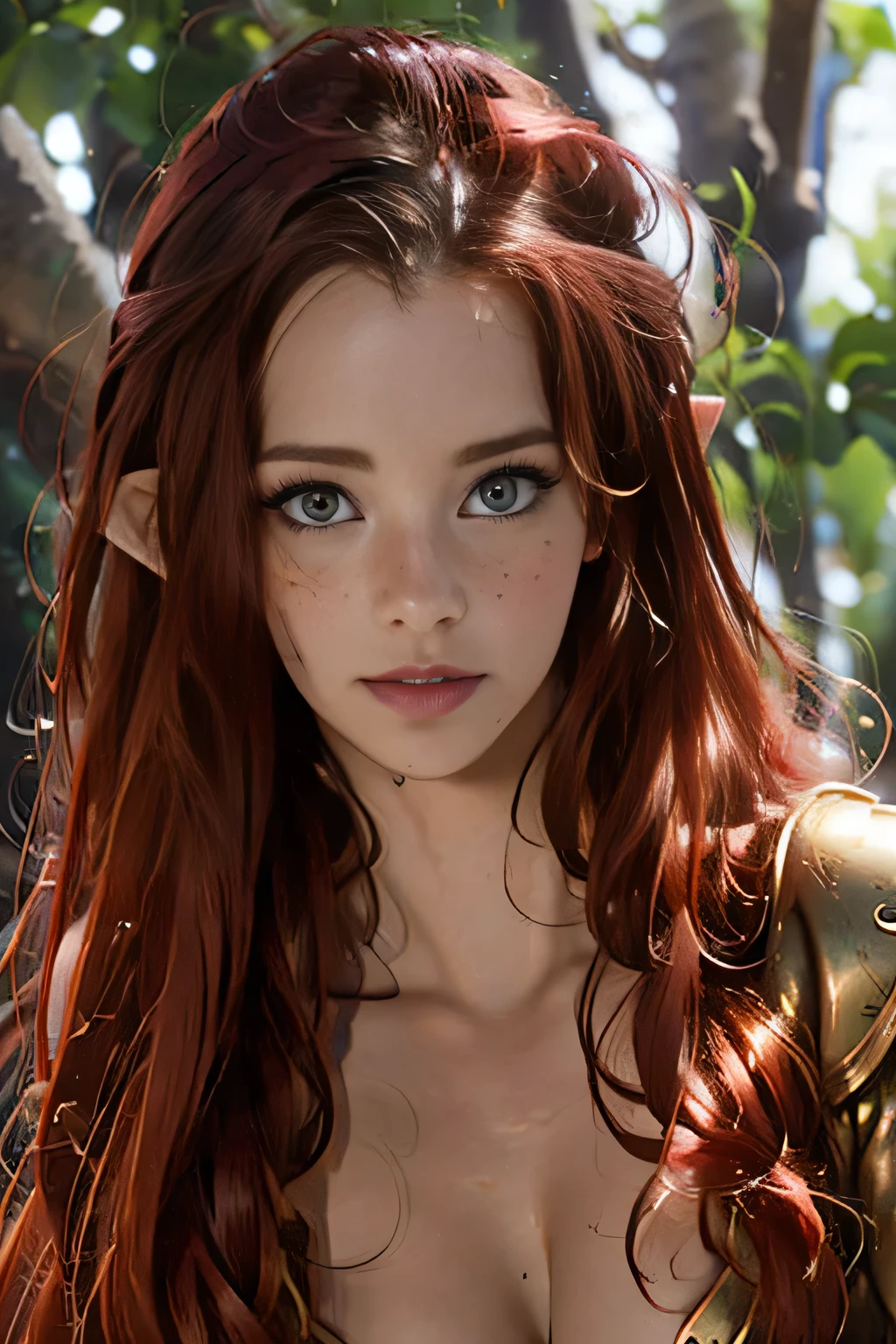 Fantasy, medieval, ((best quality)), ((masterpiece)), (detailed), perfect face, perfect body, hot woman, young, beautiful sexy elf, leaning on a tree, redhead, long hair, messy hair, big eyes, heavy black eyeliner, freckles, cameltoe, outdoors, gloomy forest, wearing armor, perfect breasts, masturbating, fingering, rubbing clitoris, hairpin pussy, wet pussy, squirt, squirting, nymphomaniac