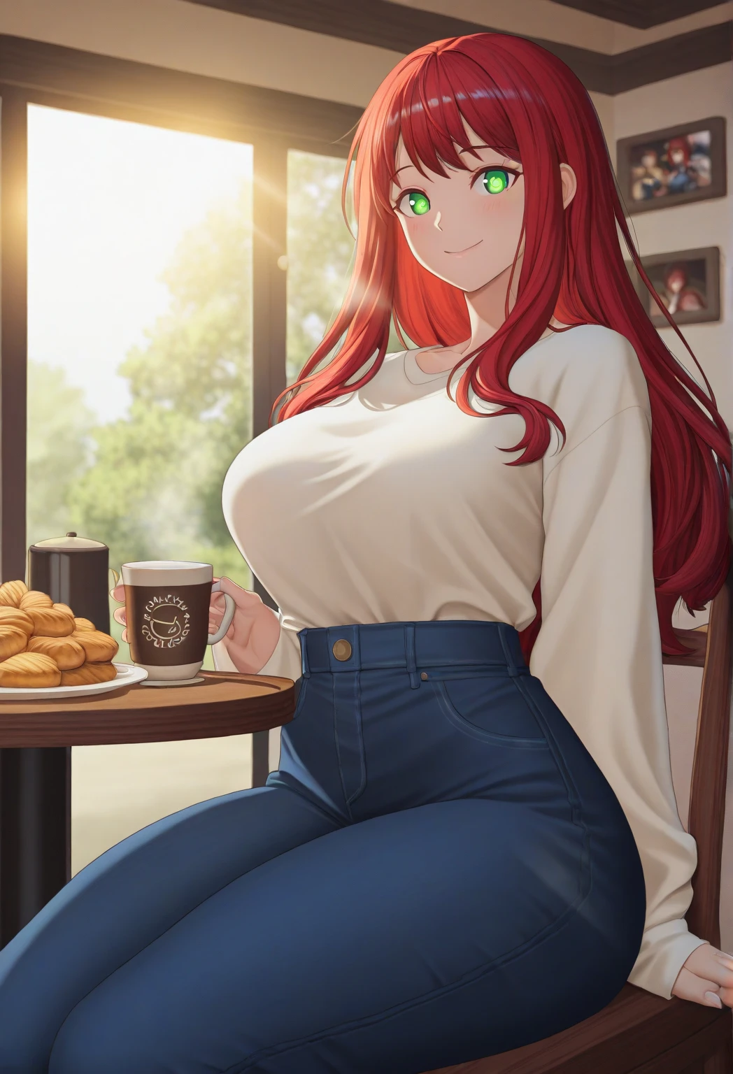 ((Masterpiece)), perfect anatomy, perfect shading, field of depth, (best quality), extremely delicate and beautiful, perfect lighting, detailed face, ultra cute face, cute, (cowboy shot 1.2), full body, (((1girl))), ((solo)), looking at viewer,
long hair, fluffy hair, orange hair, green eyes, freckles, pale skin, ((blush)), shy, nervous, embarrassed, (black turtleneck sweater 1.5), (jeans 1.2), belt, extremely tight clothes, medium breasts, ((wide hips)), ((thick thighs)), ((chubby)), chubby belly,
coffee shop, intricate background, detailed background, sitting on a chair mug on table, (spoken heart),