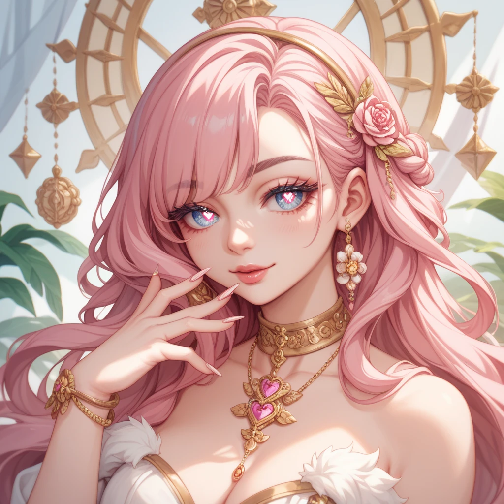 masterpiece, best quality, aphrodite, nude, laurel crown, hair over breasts, hair ornament, armlet, bracer, bracelet, portrait, upper body, smile, serene expression, greek architecture, marble statues, garden, night, (dark skin:0.8), looking at viewer