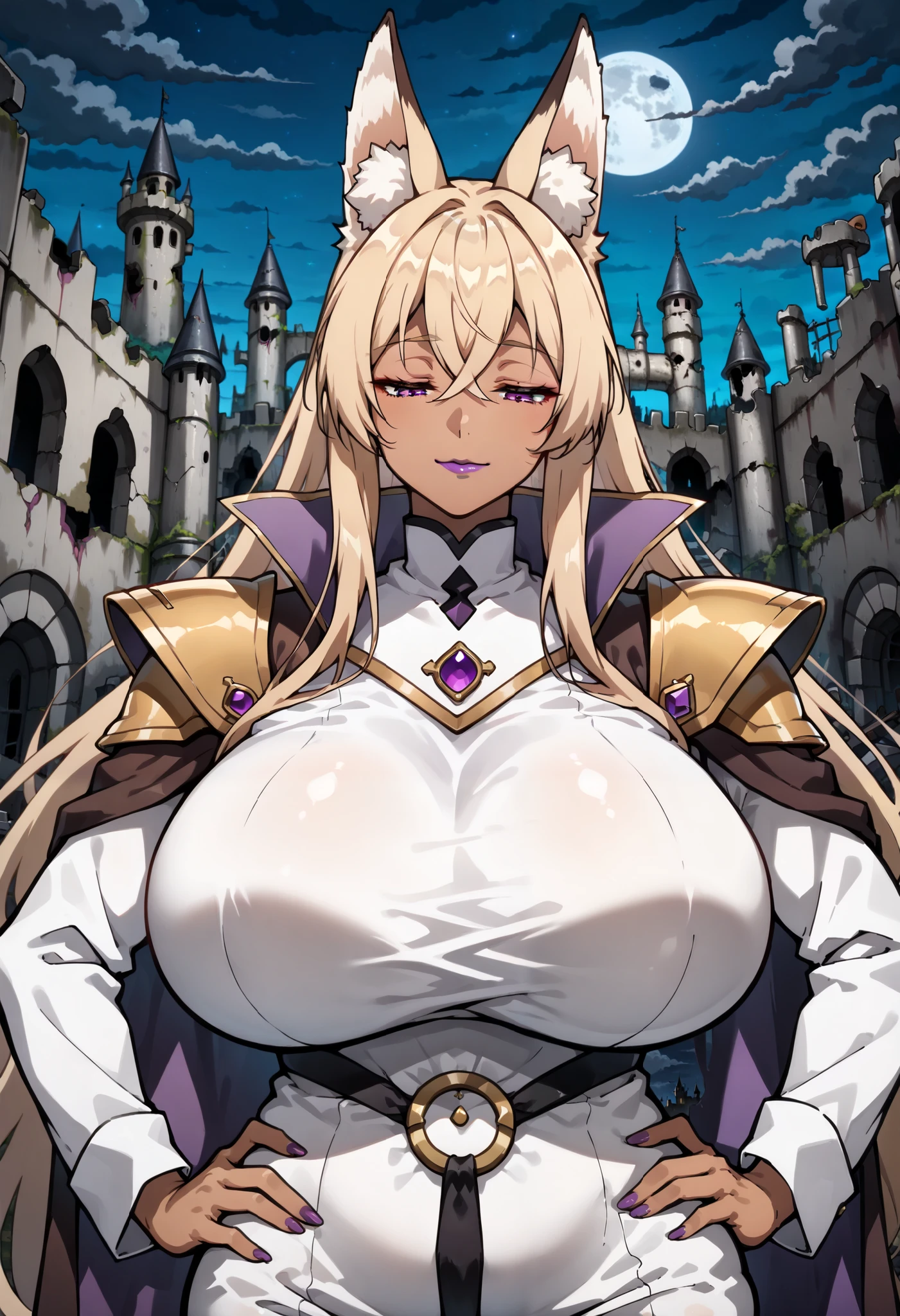 score_9, score_8_up, score_7_up, 1girl, milf, solo, kitsune, voluptuous, plump, (colored skin, dark brown skin:1.3), j0n4h, (huge breasts:1.4), (((light blonde hair), very long hair, crossed bangs, purple eyes, half-closed eyes, floppy animal ears, ears fluff)), purple lips, ((shoulder armor, cape, high collar ,white clothes)), ((light smile), closed mouth), ((looking down, hand on own hip, abandoned castle, dark, night))