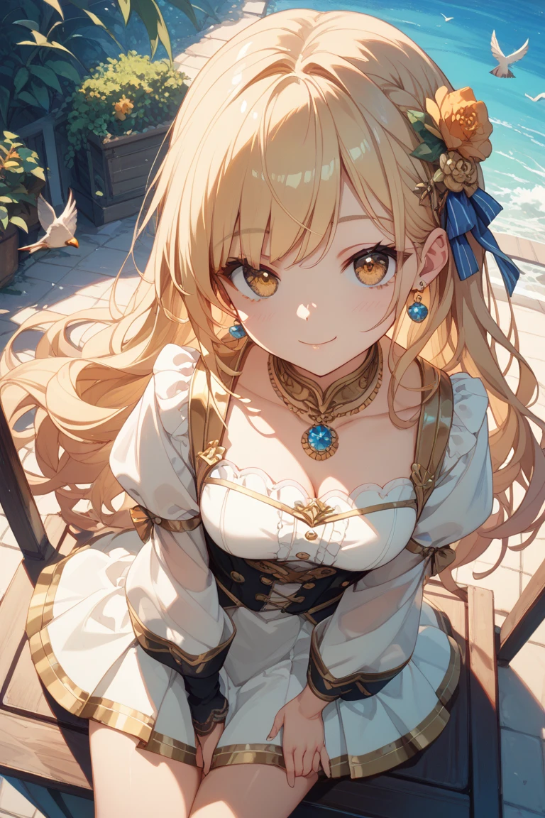 ((highest quality)), ((masterpiece)), (detailed), Perfect Face、Town、evening、Walk with open arms、blonde、Straight Hair、ponytail、Golden Dress、Earrings、necklace、Look Up、smile、Angle from above、Accurate hands、Accurate Fingers、