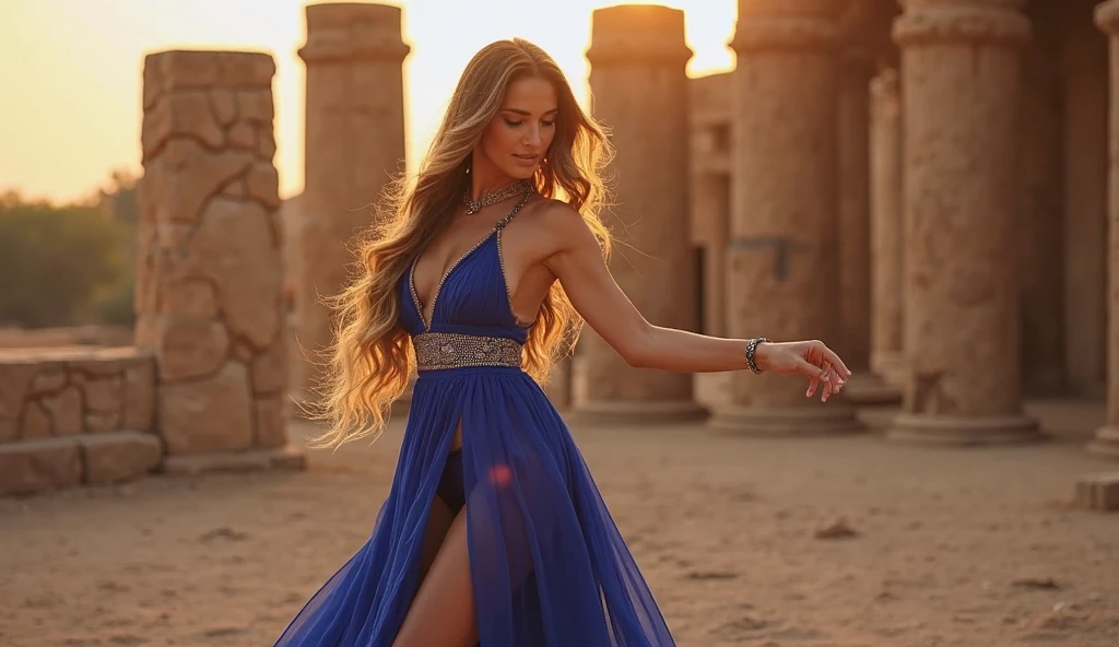 Masterpiece, (((full figure))) entire body in frame, (((magical lighting))) (((beautiful seductive smile sexy anorexic white goddess woman standing on stone floor greek temple ruins))), ((( blue intricate midevil dress))) , (((long braided hair))) sunset lighting, golden hour, golden colors, very detailed, dramatic lighting, digital art trending on Artstation 8k HD high definition detailed realistic, detailed, skin texture, hyper detailed, realistic skin texture, armature, best quality, ultra high res, (photorealistic:1.4), high resolution, detailed, raw photo, sharp re, by lee jeffries nikon d850 film stock photograph 4 kodak portra 400 camera f1.6 lens rich colors hyper realistic lifelike texture dramatic lighting unrealengine trending on artstation cinestill 800, (((accurate female anatomy)))