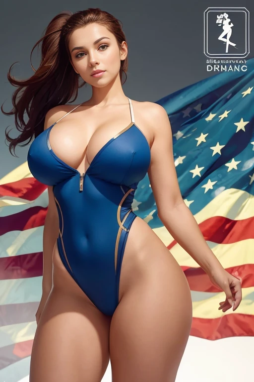 Beautiful middle eastern girl Masterpiece, Best Quality, Masterpiece, Best Quality, Official Art ,Extremely detailed 8k unified CG wallpaper, looking straight ahead, hotel room, daylight, 25 year old girl, loose straight long brown hair, big breasts wide hips, sexy thin waist, big blue eyes ((united states flag bikini))
