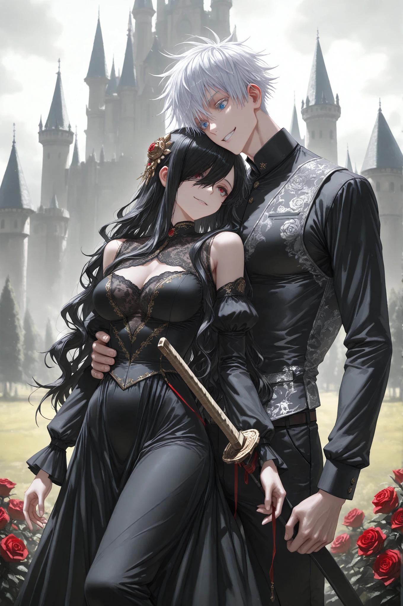 (anime styling) white haired woman with blue eyes with a very beautiful body wearing leather clothes and a villain with a mysterious man holding her waist