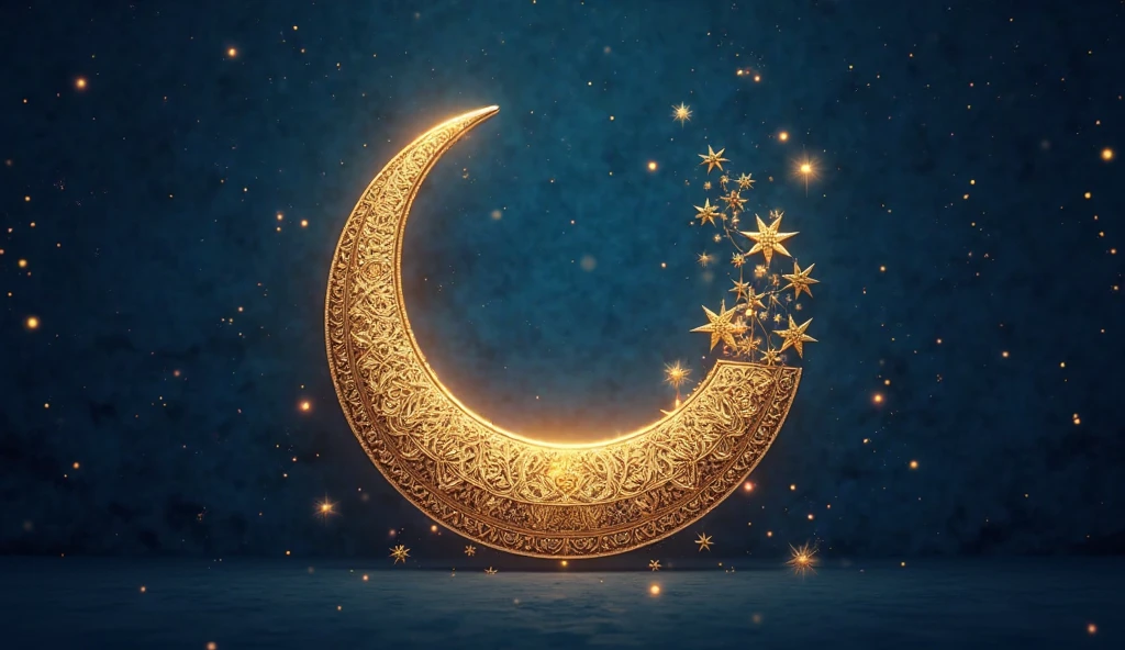 Ornate golden crescent moon on a deep blue background suitable for an ...
