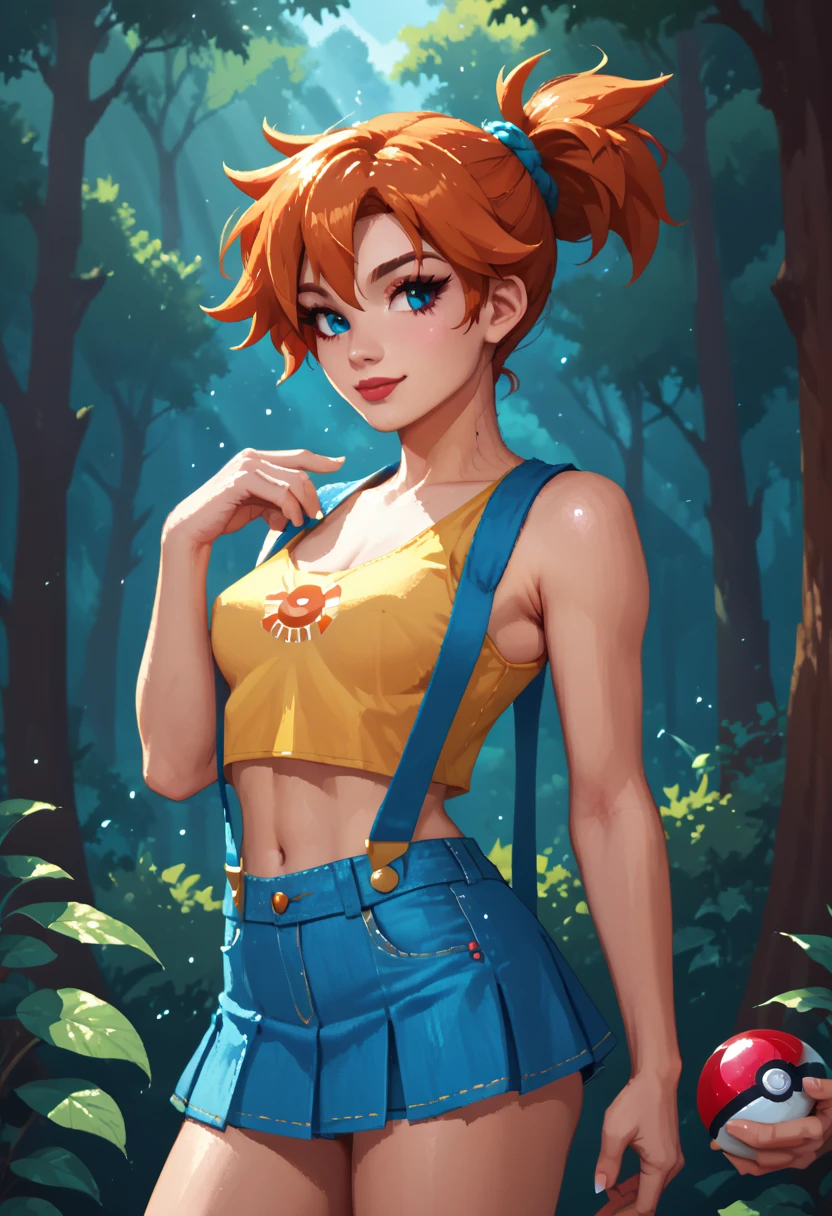 Misty von Pokémon , sexy girls , Small , half naked , classic costume , blue denim mini skirt with suspenders and yellow top , jung , skynny body , Small and beautiful buttocks , toned stomach , Small and beautiful breasts , sie hält eine Pokéball in der Hand , sexy and suggestive pose , tender , obscene , sensual , She is in the forest , the sky is bright and illuminates her beauty , charizard in the background , sensual look , beautiful eyes , classic hairstyle , hair tied with a ponytail , hair dyed in bright orange , best quality , 4K , 8k , A high resolution , masterpiece , ultra detailed , realistic , fotorealistic , photorealistic