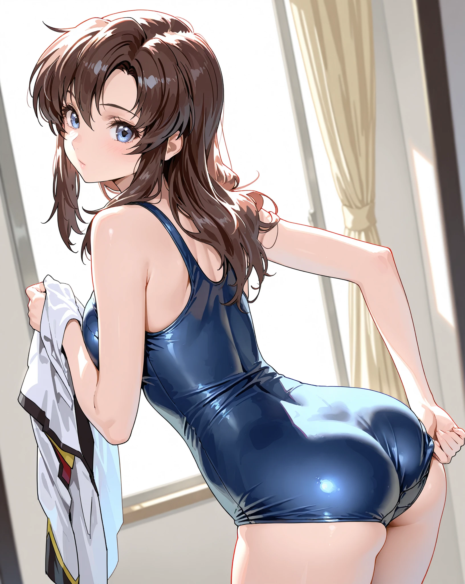 NSFW,masterpiece, (Highest quality:1.3), cowboy shot,looking at viewer,Beautiful attention to detail, (One girl, Mrs. Yuigahama, Orange Hair, Hair Bun), bedroom,standing, White dress,skirt lift,show off your panties,cute panties