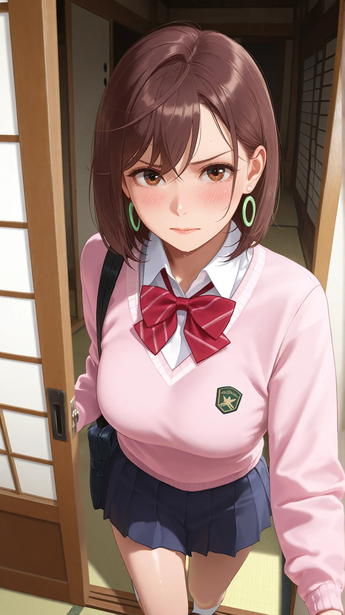masterpiece, best quality, very aesthetic, absurdres, masterpiece, exquisite quality, highest quality, masterpiece, highest quality, Beautiful woman, whole body, full body shot, Detailed hairstyle, vMature Woman, indoor,(8k,RAW Photos),(Best Quality),(Masterpiece Loose),(Realistic,)(Realistic),(High resolution),Hyper Detail,(Gentle Realism:1.1),Beautiful Face ,High resolution), (8k), (Very detailed), (4K), (Pixiv), Perfect Face, Beautiful eyes and face, (highest quality), (Very detailed), Detailed face and eyes, (alone), Textured skin, absurdes, High resolution, best quality, highres, absurdres, Momo Ayase from Dandadan, bob hairstyle, short brown hair, hair down, brown eyes, her signature light green egg-shaped earrings, alone, indoors, traditional japanese house, exact same outfit as anime, pink sweater, school uniform underneath, navy short skirt, close up shot, looking at viewer, blushing, tsundere, C Cup Breasts, medium breasts