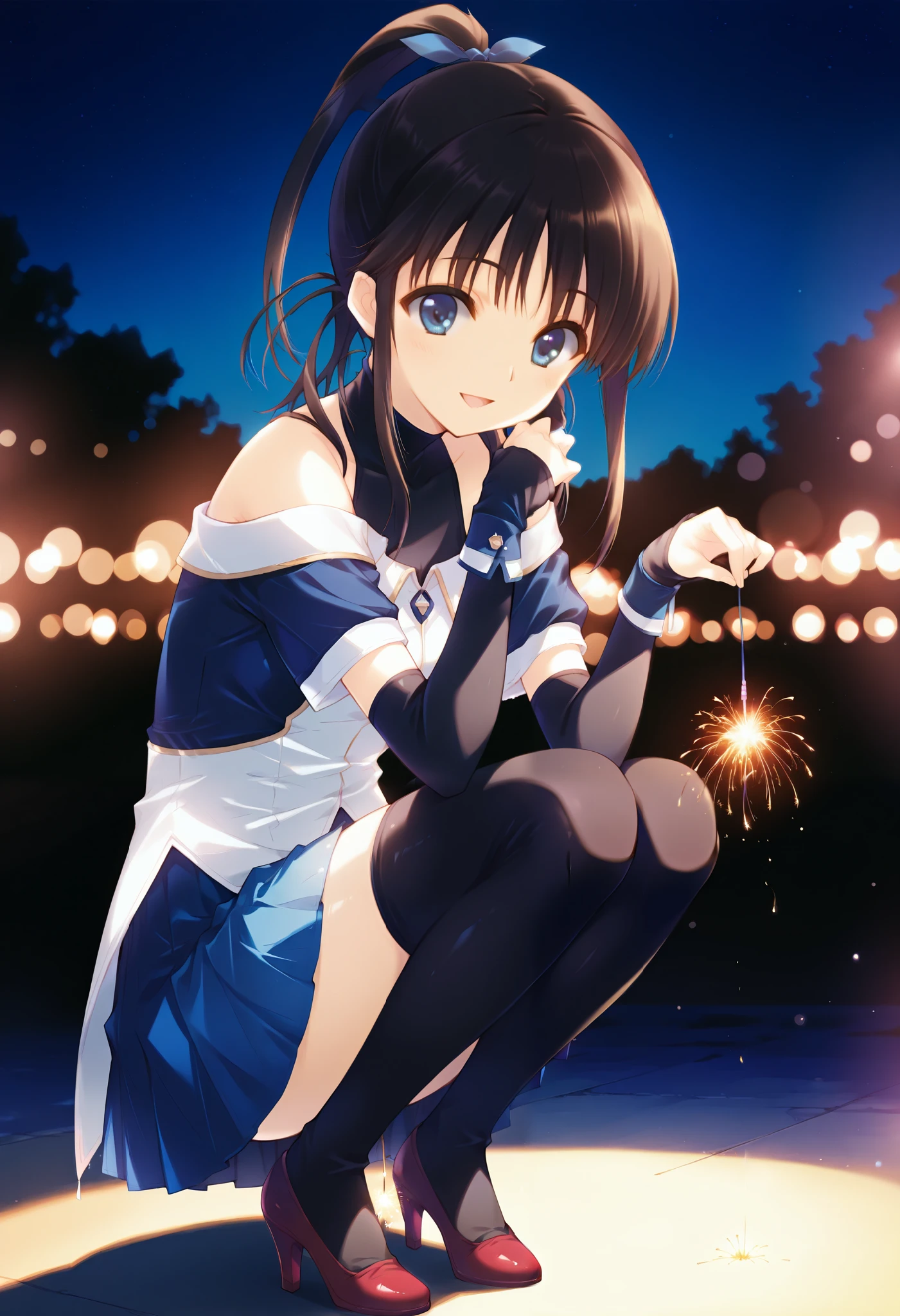 masterpiece, best quality, absurdres, safe 1girl, senkou hanabi,((sugiura_koharu)),sugiura_koharu\(white_album_2\),1girl,solo,black hair,ponytail,hair ribbon,blue eyes,open mouth,1girl,((stage costume)),((blue and white jacket)),((off-shoulder)),((black high neck leotard)),((short_sleeves)),(((bare shoulders))),((detached sleeves,black sleeves,blue cuffs,sleeves past wrists, blue skirt,pleated_skirt, black_thighhighs)),((red High heels:1.2)),senkou hanabi, holding fireworks, sparkler, squatting, smile, night, aerial fireworks, backlighting, bokeh,seaside,