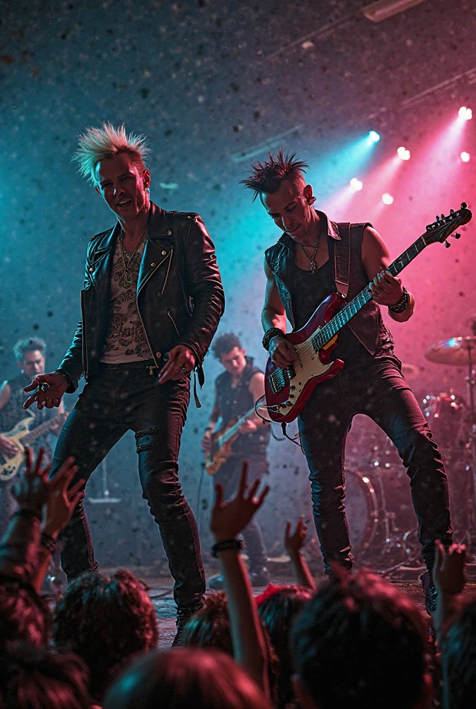 "(extremamente detalhado, best quality) 1Cara vestindo roupas de couro punk, cabelos raspados e tatuagens, em um movimento de rock dos anos 90 durante um show de estilo punk ((only people))