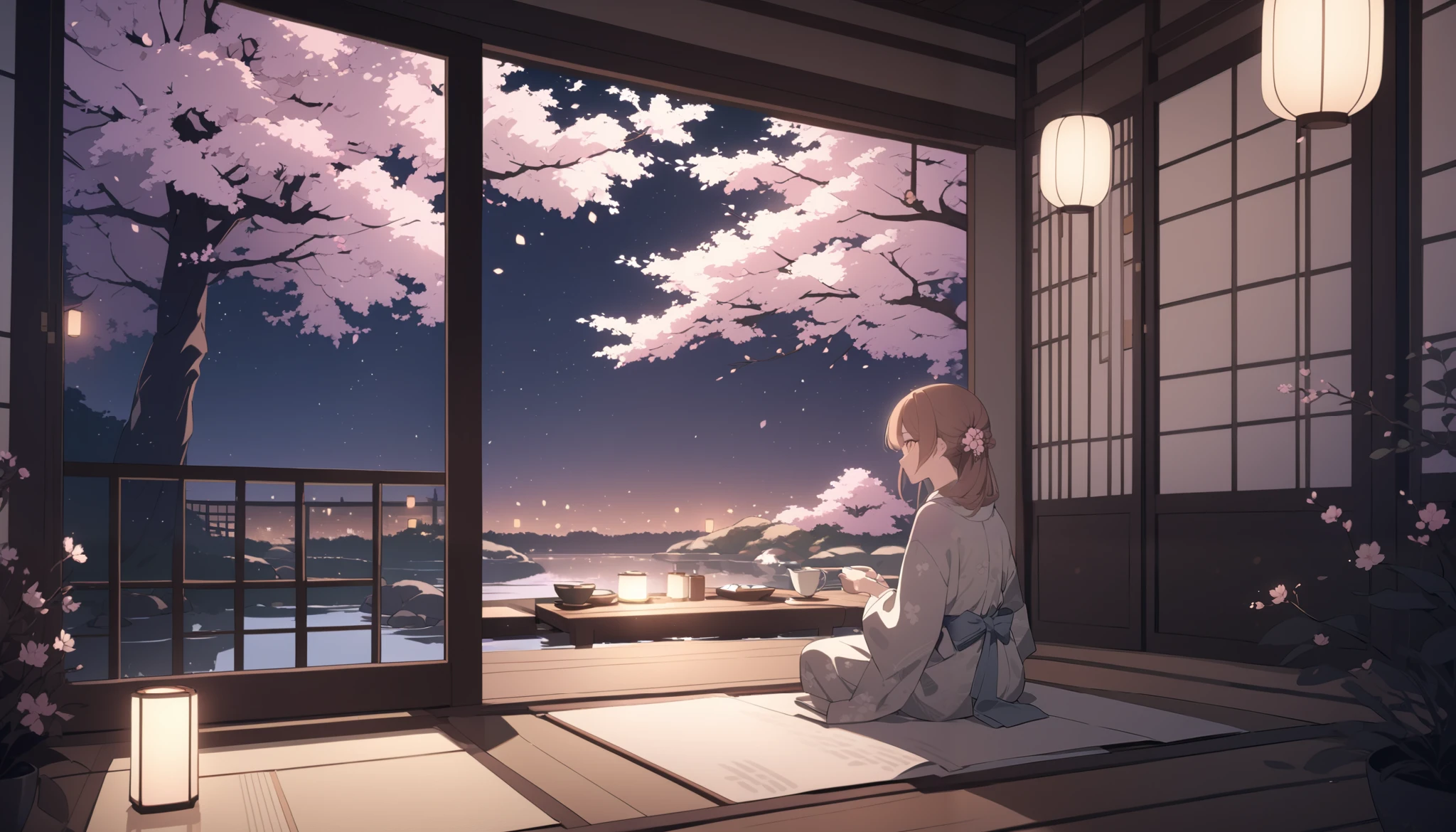 "A cozy Japanese-style room at night, illuminated by soft, warm paper lanterns. A young woman in a yukata sits by a wooden table with a cup of tea, lost in thought while listening to lofi music. The atmosphere is dreamy and nostalgic, with gentle light effects creating a soft blur. Floating musical notes and delicate ripple effects in the air visualize the soothing melody. Through the open shoji doors, a peaceful Japanese garden with cherry blossoms and a small pond reflects the moonlight. Aesthetic anime-style, warm tones, tranquil mood, soft bokeh, cinematic composition