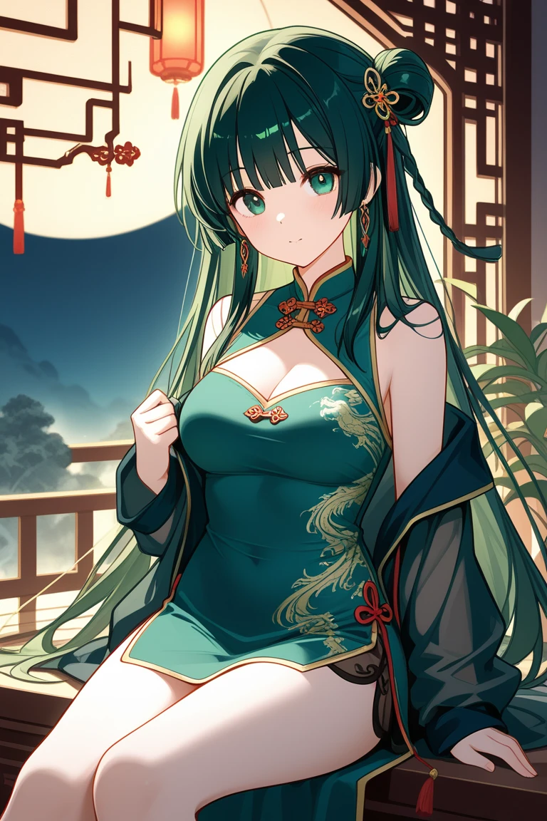4K,High resolution,One Woman,Green Hair,Long Ponytail,Braid,blue eyes,Big Breasts,Shrine maiden,White Shrine maiden outfit,Removable sleeves,Jewelry decoration,Japanese sword,City of the Future