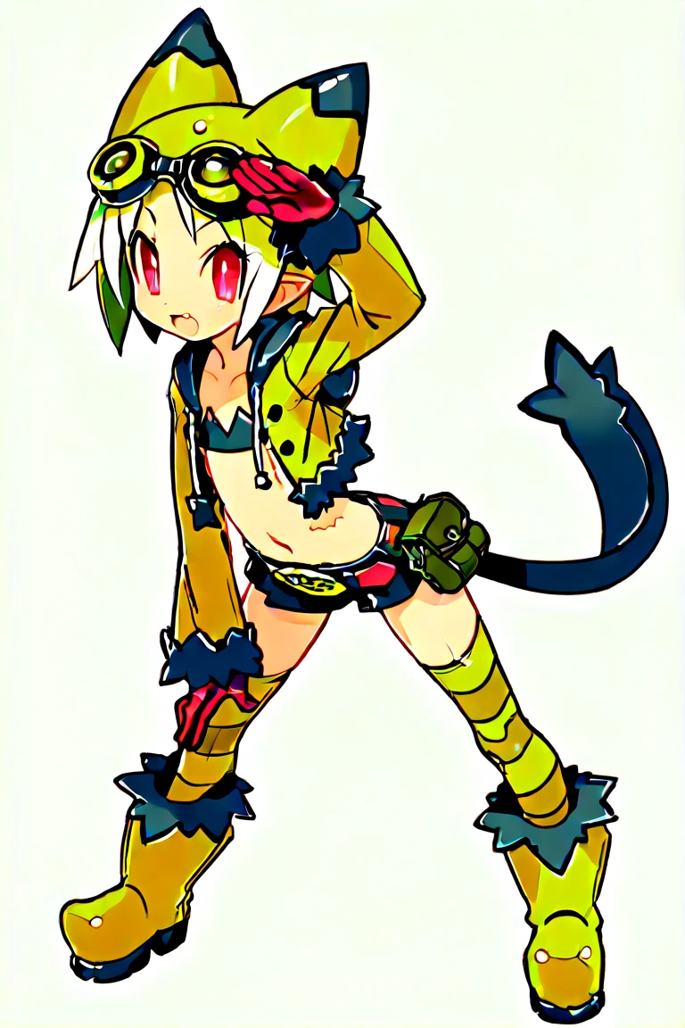 boy, squirrel, furry, bodyfur, tail, green goggles, green collar, green bra, bottomless, green gloves, green boots, chibi, sparkling eyes, small penis, testicles, kneeling