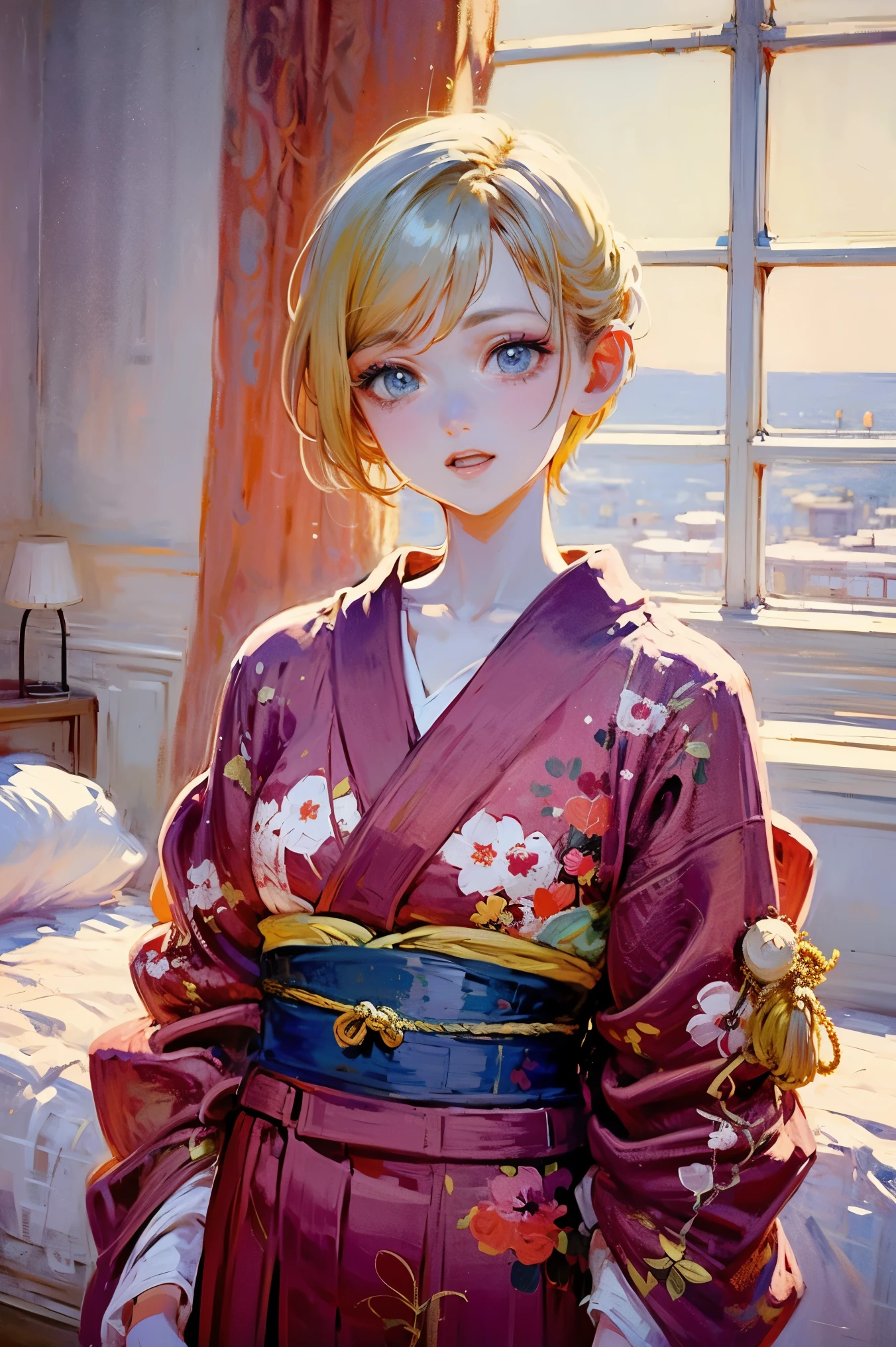 Rosalina、Blonde Pixie Cut、A woman wearing a kimono, Pink furisode with red floral pattern,Tight waist、Dark bedroom、Cool look、Landscape、Pale pink background