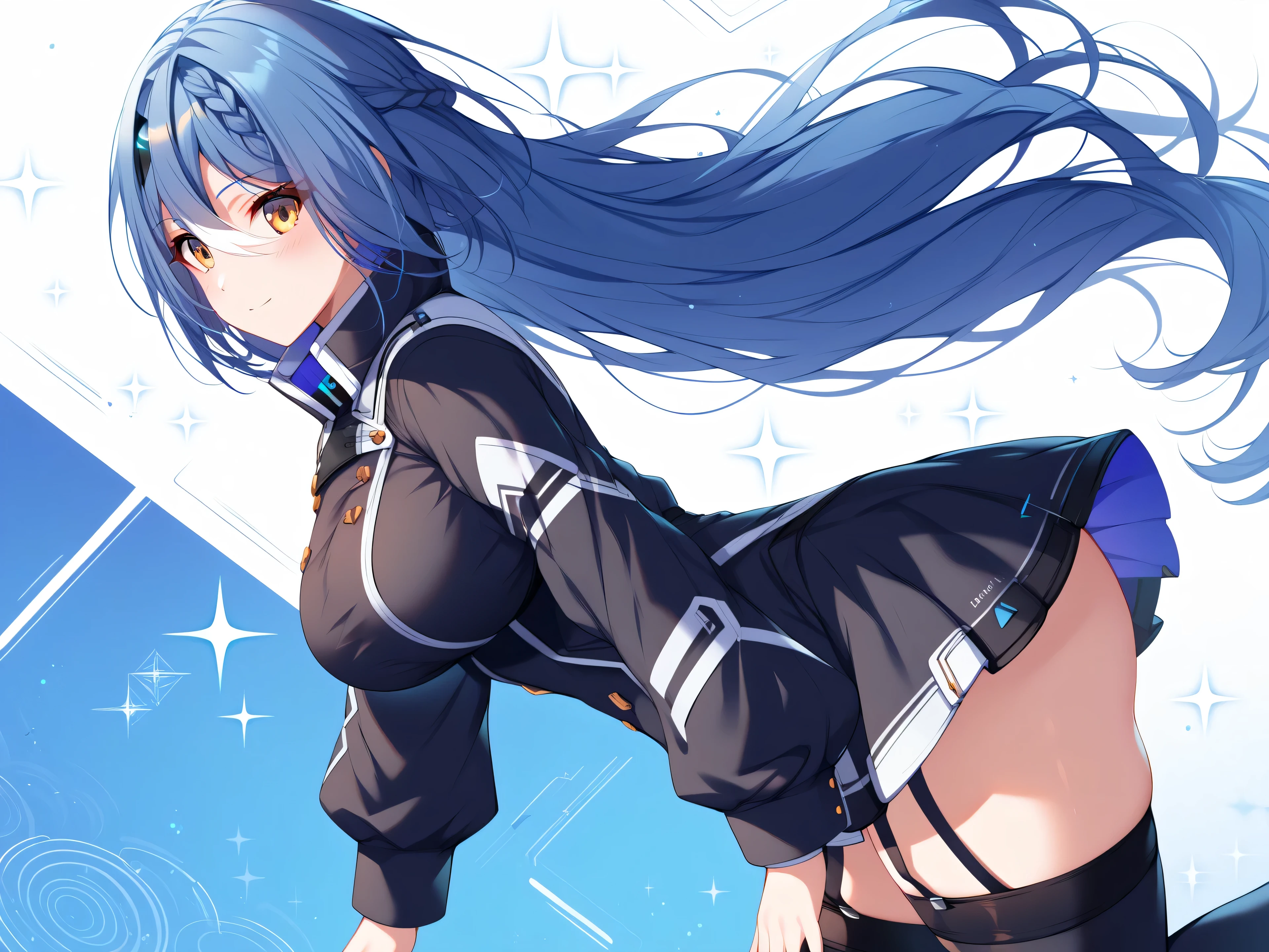 master piece、Best Quality,Super detailed,High resolution,Extremely detailed CG,Unity 8K Wallpaper,weat,score_9, score_8_up, score_7_up, score_6_up, score_5_up, score_4_up, source_anime ,Etra, blue hair, long hair, yellow eyes, white streaked hair, braid, hairclip,Vt_2nd,short dress, black dress, long sleeves, garter straps, thigh boots, black footwear, high collar, ,, mature female,thick thighs,wide hips,bed room,large breasts,curvy figure,