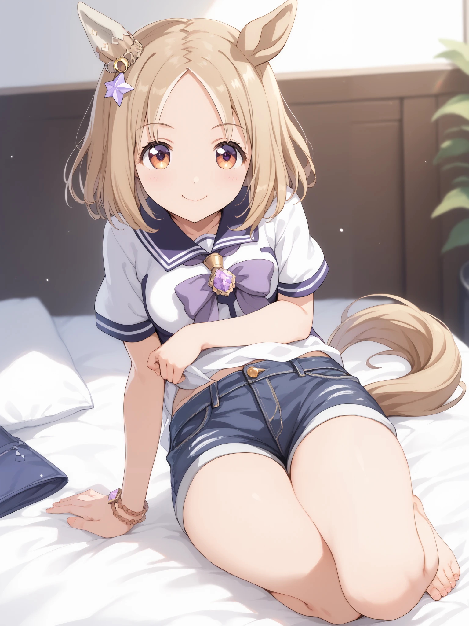 Narita, horse tail, short hair, animal ears, ear ornament, ear covers, single ear cover,1 girl, Alone, anime style,cute girl,Best Quality, super detailed, anime style,8k, high resolution, detailed face, Character's Upgraded Image,(rooms in Japan),((Sitting on a white bed with one leg standing)),(( white short sleeve shirt)),((purple denim shorts)),(smile gently),(I'm dyeing my cheeks a little red),顔を少し傾ける,looking here,Above the knee images,((Smooth Thighs)),An upshot image of a larger thigh,Viewed from diagonally,