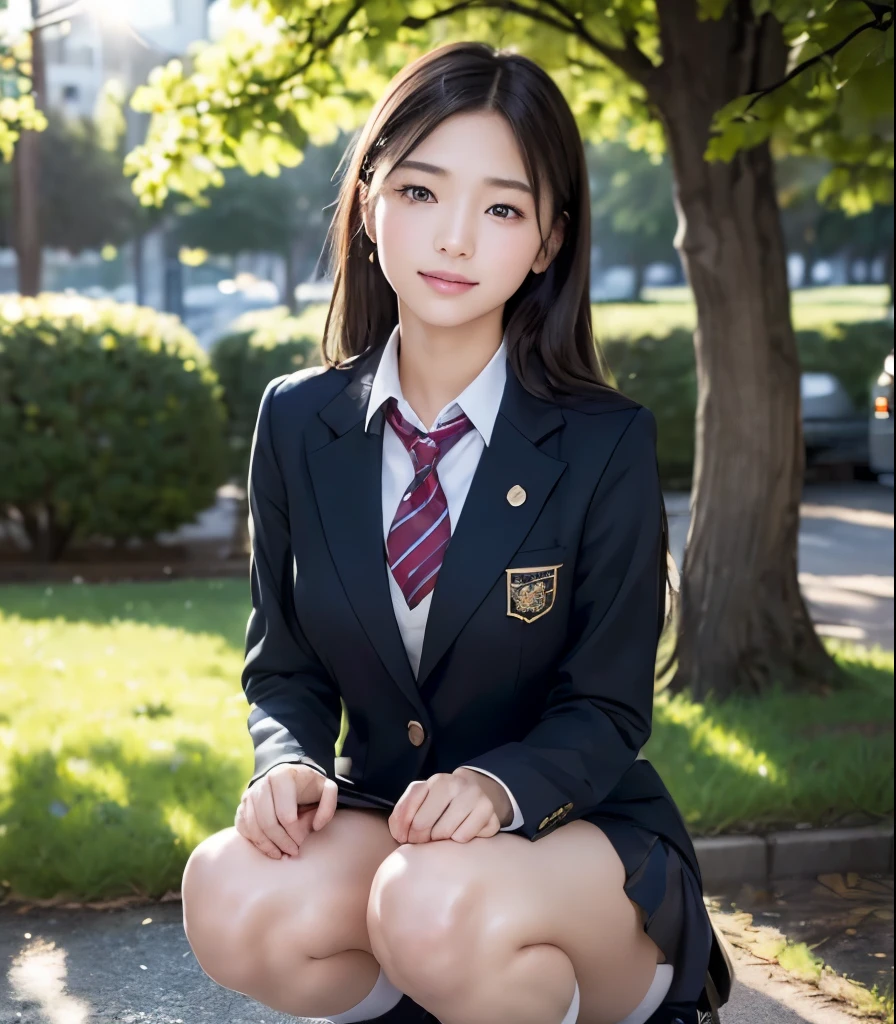 (masterpiece:1.2),(photorealistic:1.6)、 shiny skin、almond eye、 Japanese, (18 years old), (((girl))), ( school uniform blazer that makes girls feel tight), collared shirt, outdoor, plump, Sunshine,  squats 