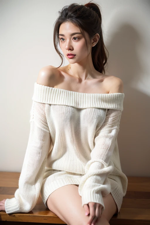 ((Highest quality)), ((masterpiece)), (detailed), One girl, Off-the-shoulder sweater,
