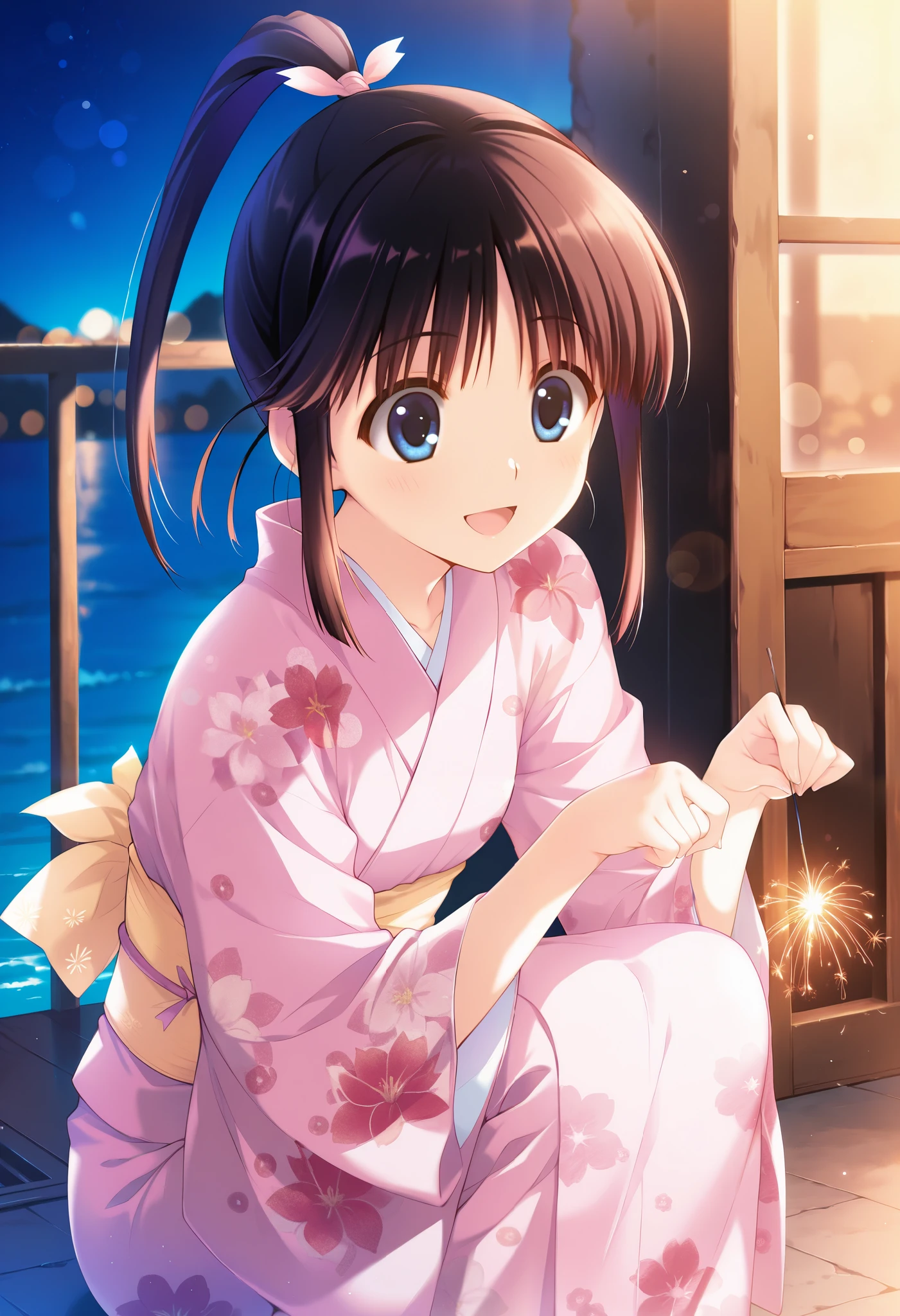 masterpiece, best quality, absurdres, safe 1girl, senkou hanabi,((sugiura_koharu)),sugiura_koharu\(white_album_2\),1girl,solo,black hair,ponytail,hair ribbon,blue eyes,open mouth,1girl,pink kimono,senkou hanabi, holding fireworks, sparkler, squatting, smile, night, aerial fireworks, backlighting, bokeh,seaside,
