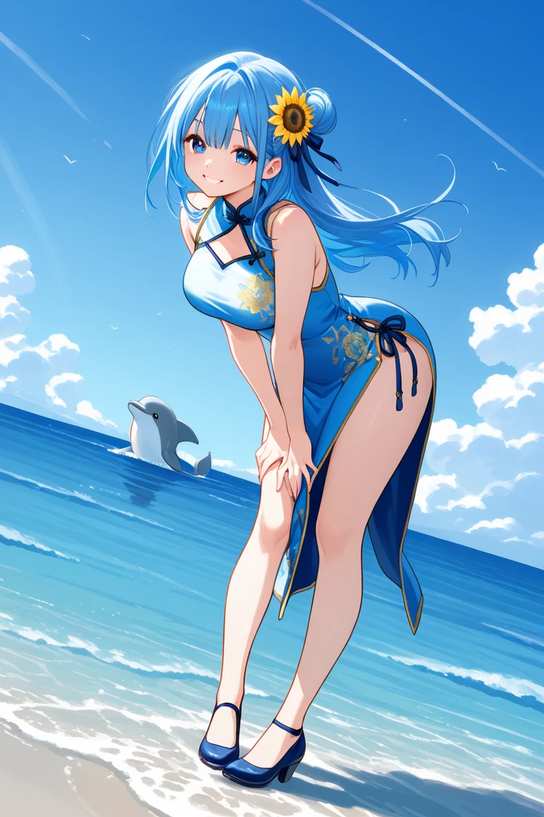Anime girl in bikini standing in front of dolphin, wallpaper anime blue water, Kantai collection style, konpeki no kantai, visual novels CG, Anime girls, hololive, kancolle, anime wallaper, anime big breast! 4 k'', ecchi anime style, anime big breast! 4K, Smooth anime CG art, pixiv 3dcg