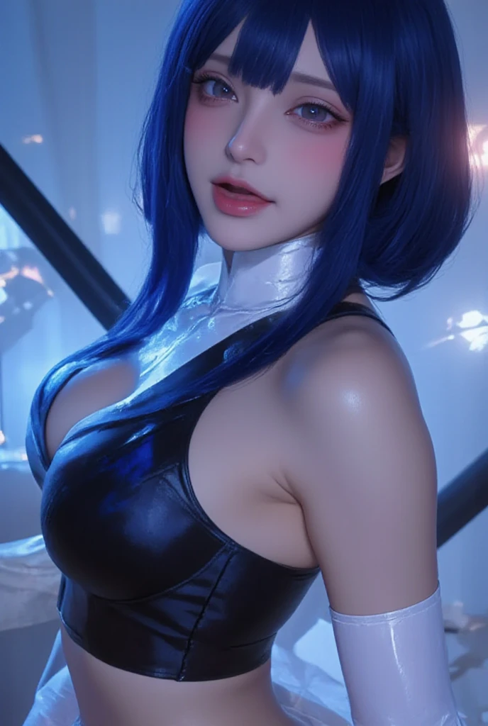 8K, Top Quality, Intricate Details, Ultra Detail, Ultra High Resolution, Masterpiece, close up shot, (full body: 1.1), Slender, Smile, (Makeup: 0.4), (()), (Fluffy blue Eyes: 1.21), ((devil pose,)), 1girl, solo, 1 girl, ((blue hair, bangs, long hair )), close up shot, , ((tall)), (((fit body))), (((slim face))), sharp face, (( naked, cat ears, cat tail, cat gloves, cat shoes, cat body paint, )) , (detailed face), sharp face, small lips, devil walk,,
((, )), , ((,)), detailed face, detailed breast, , ((detailed nipples)), detail ass, Narrow Waist, Skinny, tall , 175 cm tall, Muscular, Navel, Exposed Abdomen, Pointed Chest,, Beautiful girl with accentuated slender abs: 1.4, Six Pack Abs: 1.4, Bust Botox, Big, Perfect Body, detail leg, (( dark background)), black background,