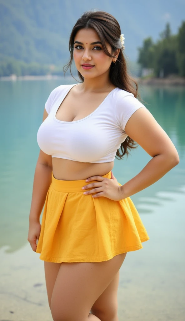 A photorealistic portrait of a 30-year-old Indian woman with big-sized breasts, wearing dark black top full sleeves with yellow plaitated skirt to show her sexy legs,She is posing in waterfall Lake sexy adult poses, smile happy face,captured in a full-body shot,real, hyper realistically. 8k resolution, with high detail and quality.