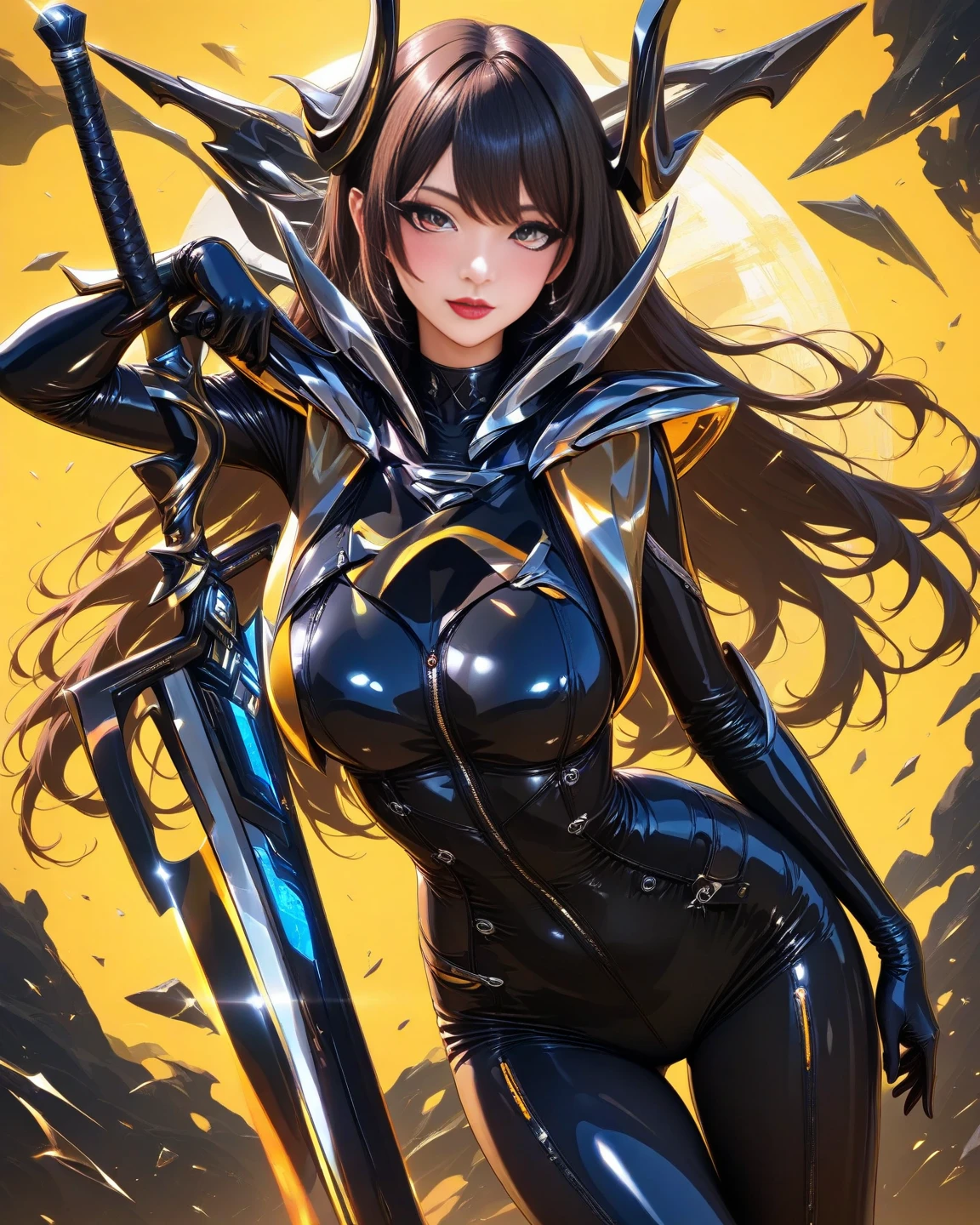 Big breasted girl with futuristic armor, long black fur, with black helmet