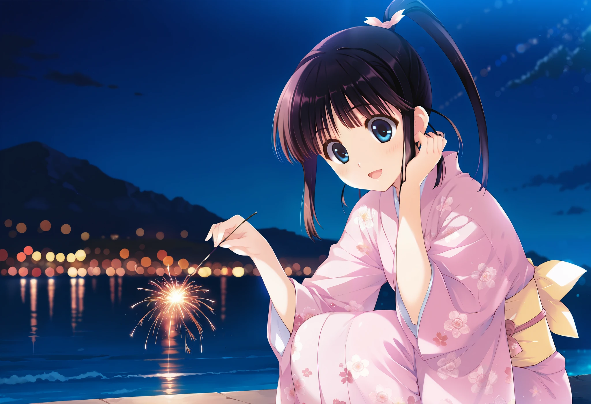 masterpiece, best quality, absurdres, safe 1girl, senkou hanabi,((sugiura_koharu)),sugiura_koharu\(white_album_2\),1girl,solo,black hair,ponytail,hair ribbon,blue eyes,open mouth,1girl,pink kimono,senkou hanabi, holding fireworks, sparkler, squatting, smile, night, aerial fireworks, backlighting, bokeh,seaside,