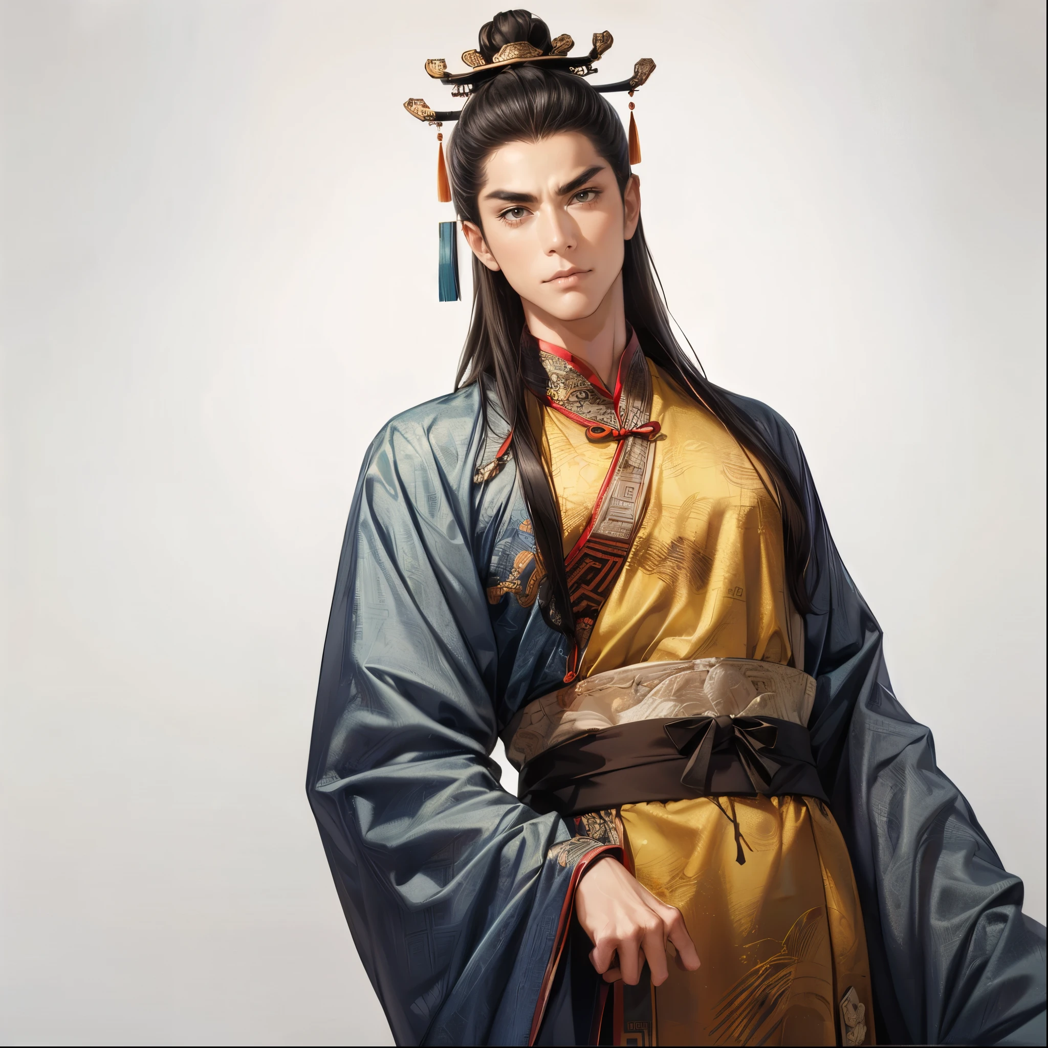 (top quality,4K,8k,high resolution,masterpiece:1.2),super detailed,(super fine illustration),(((One ancient Chinese man ))),Age 30,Intellectual face ,tall,Xiaoyan,Perfectly symmetrical face,detailed eyes:1.3, perfect eyes,The gaze is directed at the viewer:1.2, Attractive Dark Eyes :1.3,long black hair,Thin eyebrows,cinematic lighting, soft shadows,((ancient Chinese red costume,engraved bib,Acrobatic pause:1.2)),((cowboy shot:1.2)),((white background:1.3,simple background:1.3)),(( standing:1.3,depicted so as not to be able to see everything from the tip of the head to the lower back:1.3,Distant view:1.2)),from below