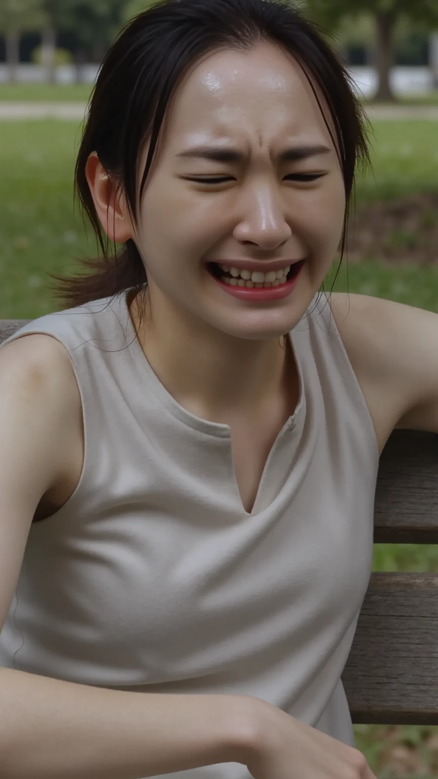 Sad Jet A beautiful woman is sitting on a park bench and crying。 sad - SeaArt AI