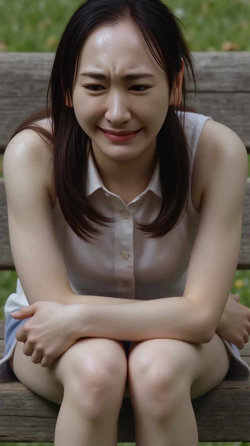 Sad Jet A beautiful woman is sitting on a park bench and crying。 sad - SeaArt AI
