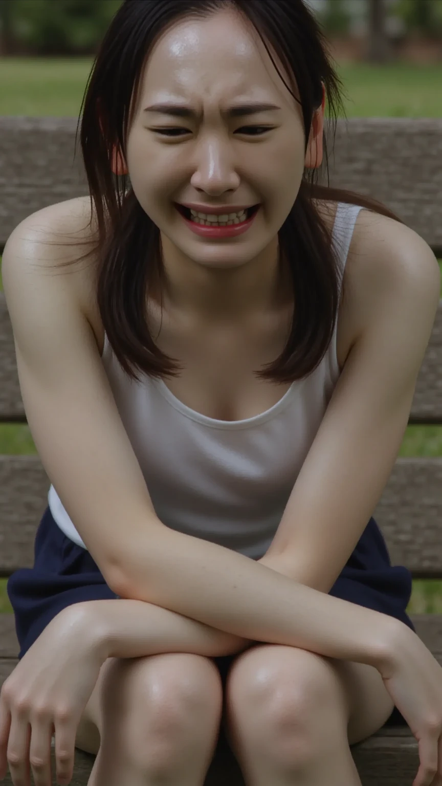 Sad Jet A beautiful woman is sitting on a park bench and crying。 sad - SeaArt AI