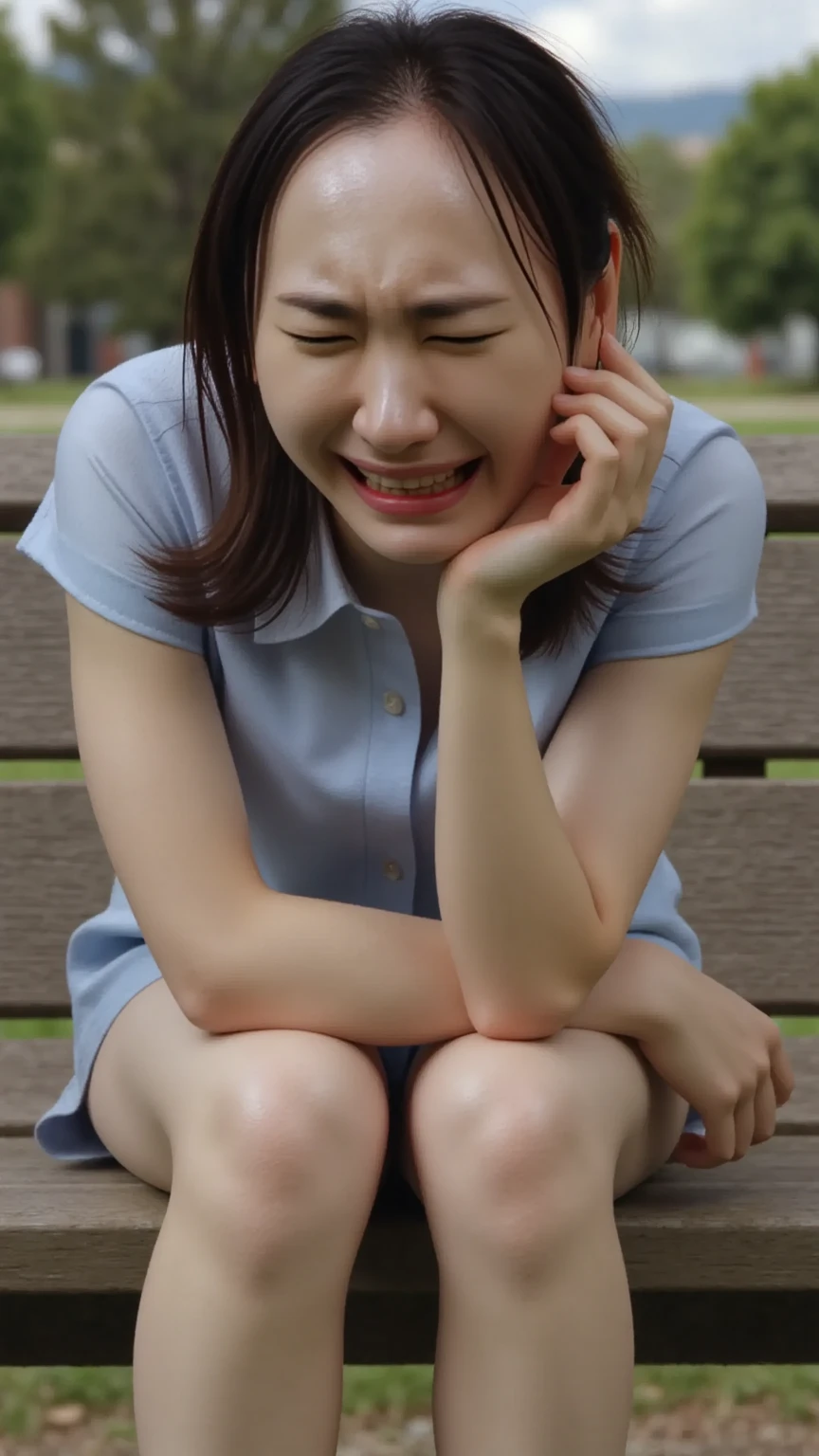 Sad Jet A beautiful woman is sitting on a park bench and crying。 sad - SeaArt AI