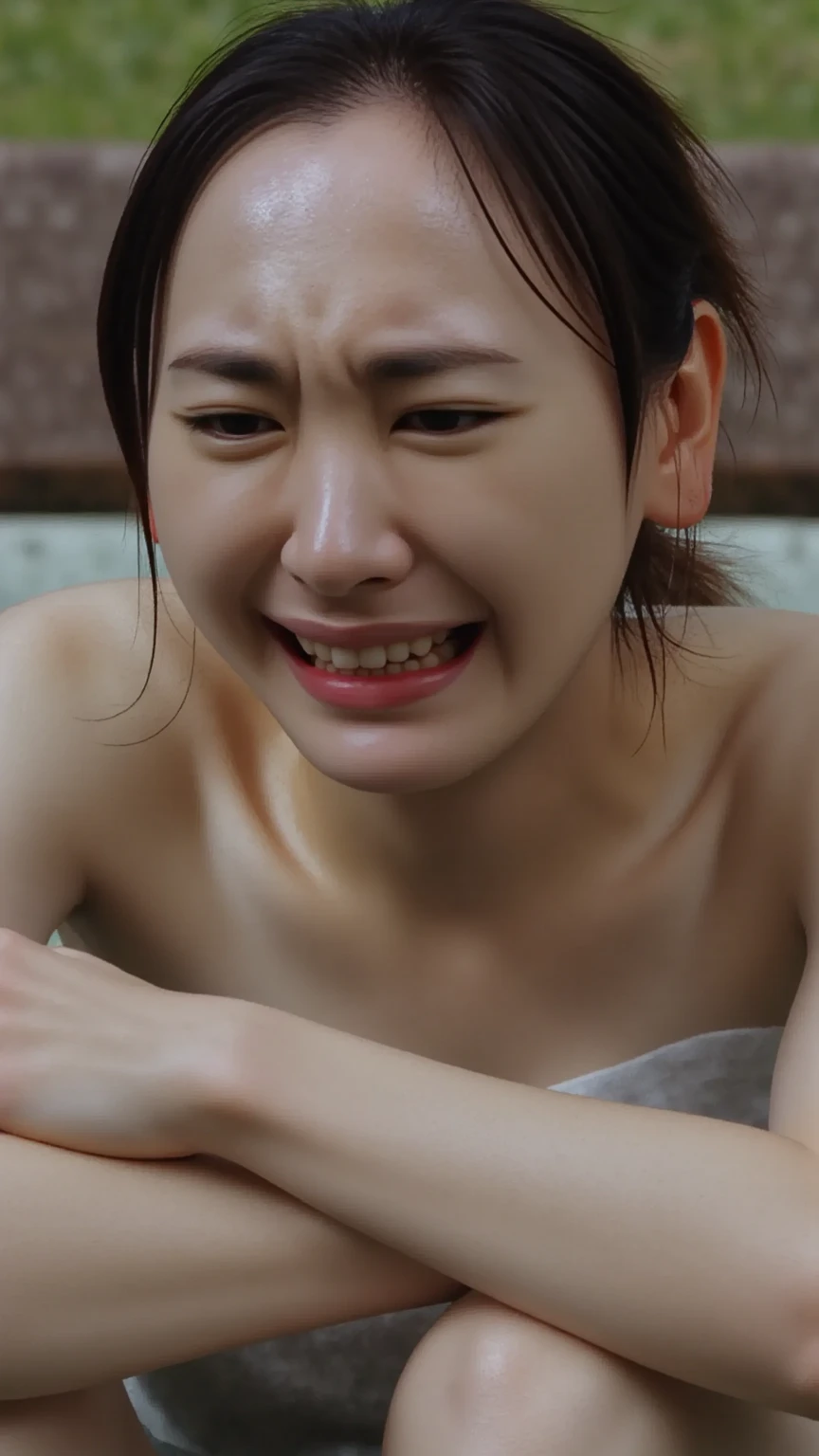Sad Jet A beautiful woman is sitting on a park bench and crying。 sad - SeaArt AI